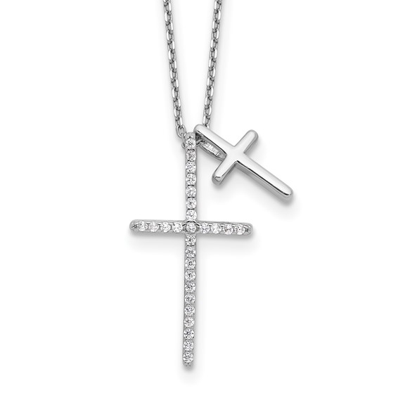 Sterling Silver Rhodium-plated with CZ Double Cross 16in +2in ext Necklace