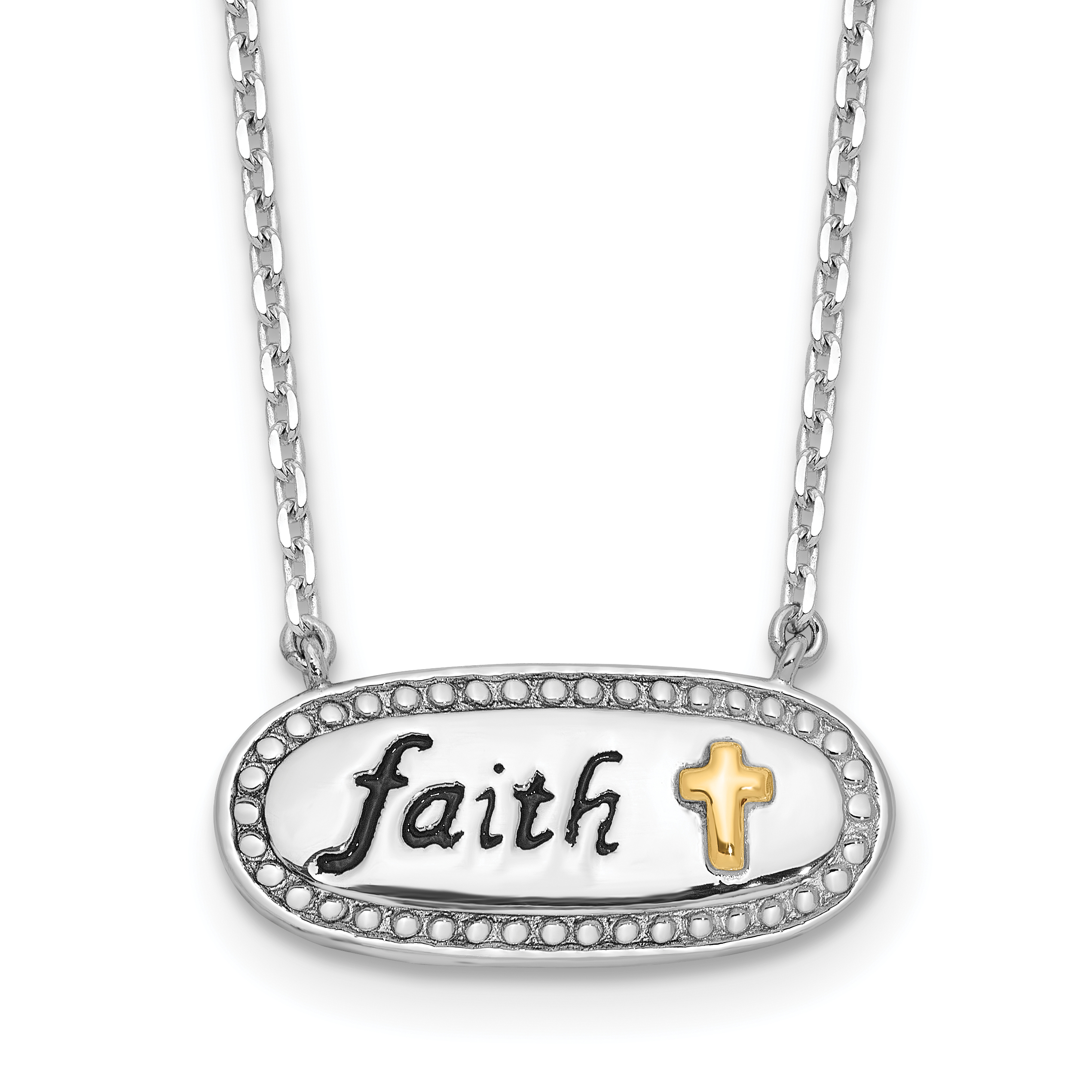 Sterling Silver w/14k accent Rh-plated Enamel FAITH w/2in. ext Necklace (QG6583-16)