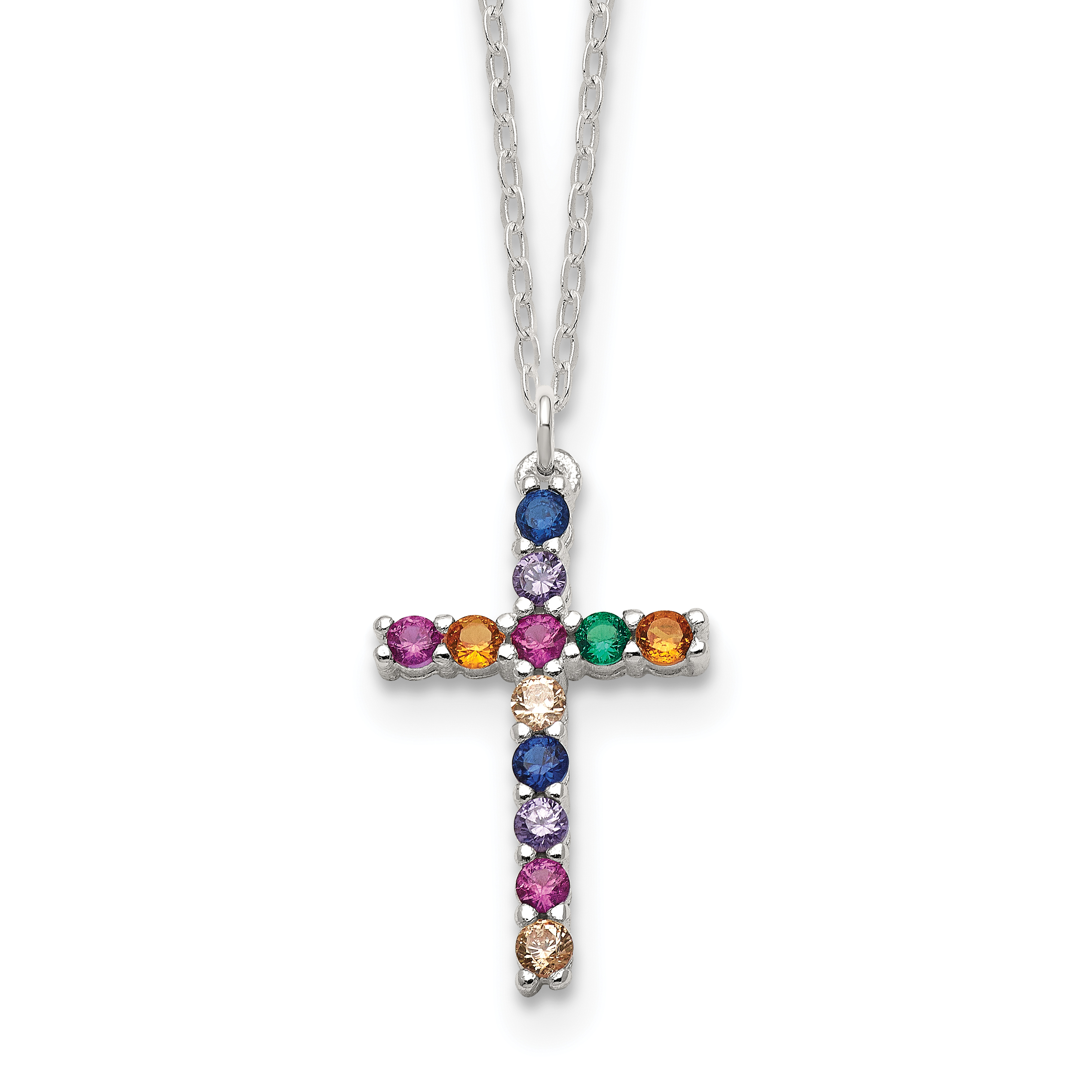 SS Multi Color E-Coating CZ Cross 16in w/2in ext Necklace (QG6584-16)