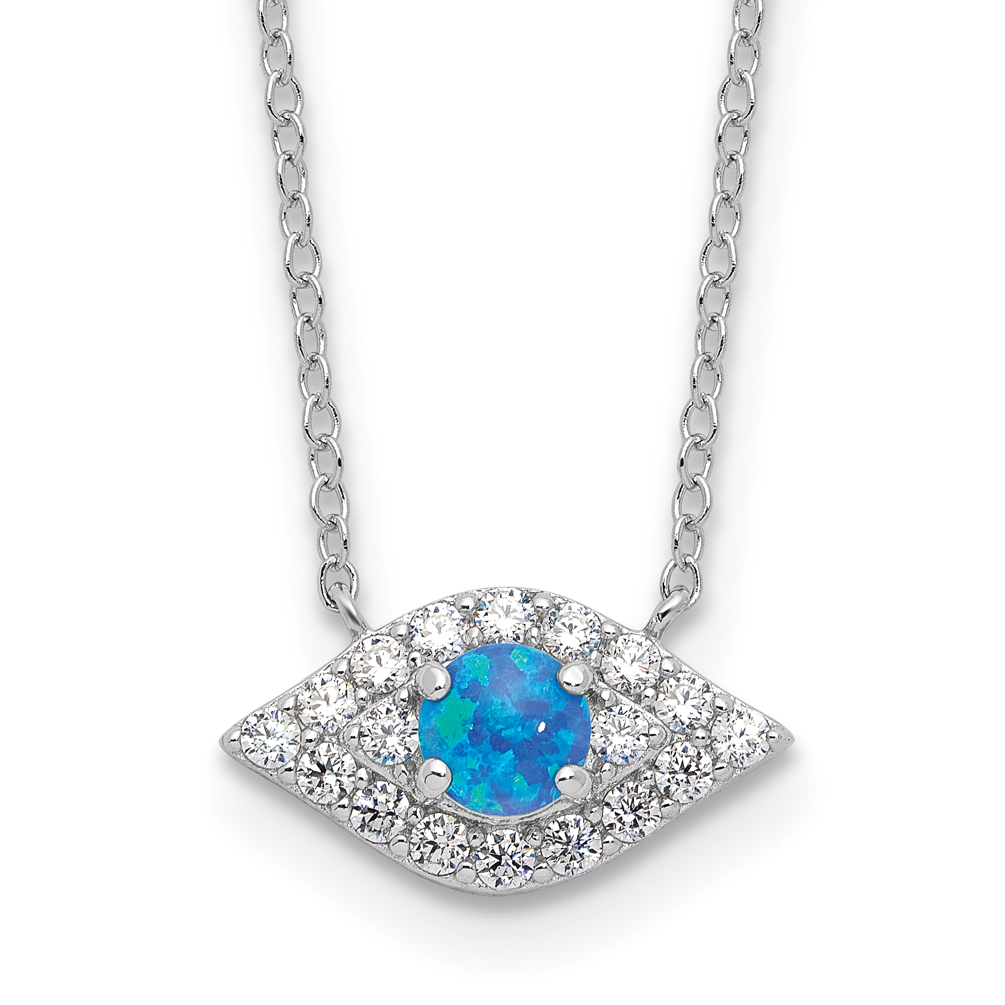 Sterling Silver Rhodium-plated CZ Blue Cr. Opal Evil Eye w/2in ext Necklace (QG6590-16)