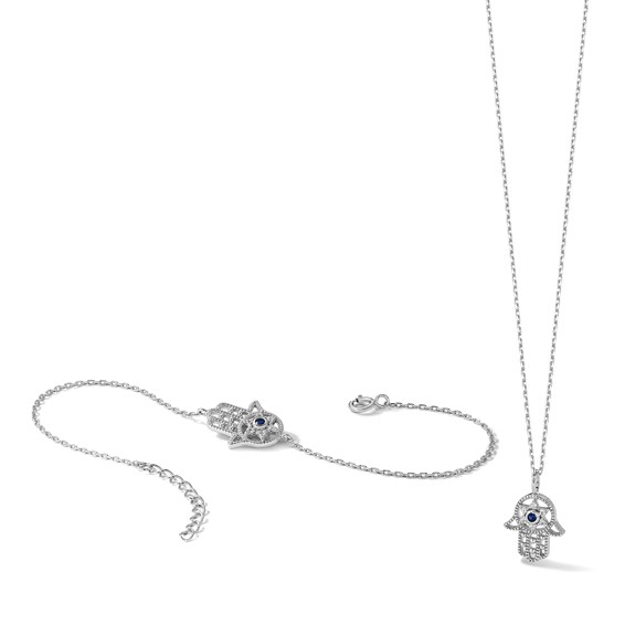 Sterling Silver RH-plate Cr.Blue Spinel and CZ Hamsa Bracelet/Necklace Set