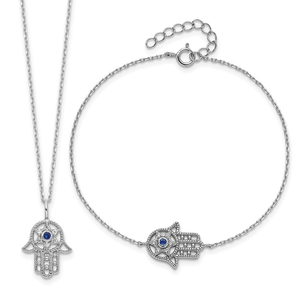 Sterling Silver RH-plate Cr.Blue Spinel and CZ Hamsa Bracelet/Necklace Set (QG6593SET)