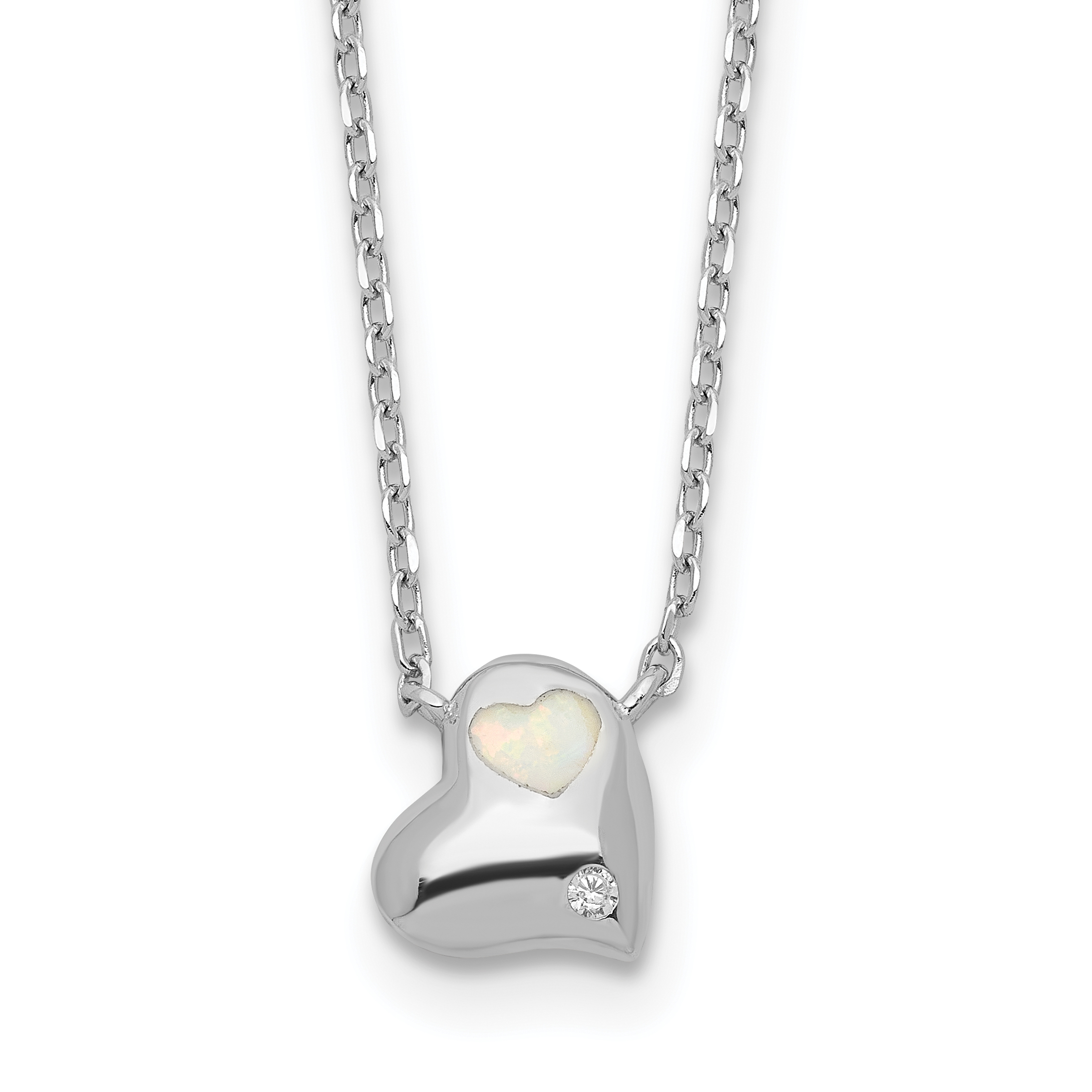 Sterling Silver RH-plated Created Opal Inlay CZ Heart w/2in ext Necklace (QG6595-16)