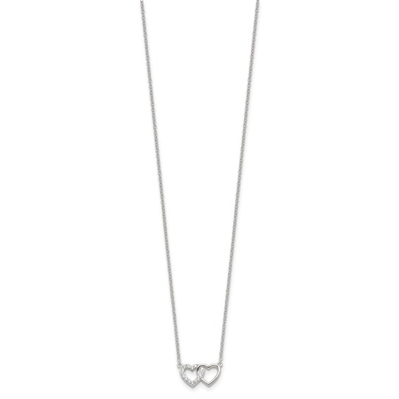 Sterling Silver E-Coating CZ Double Heart 16in w/2in ext Necklace