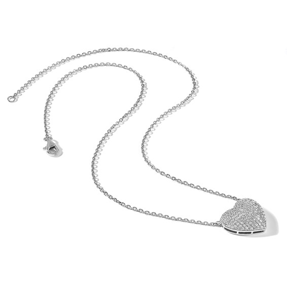 Sterling Silver Rhodium-plated Pave CZ Heart Necklace