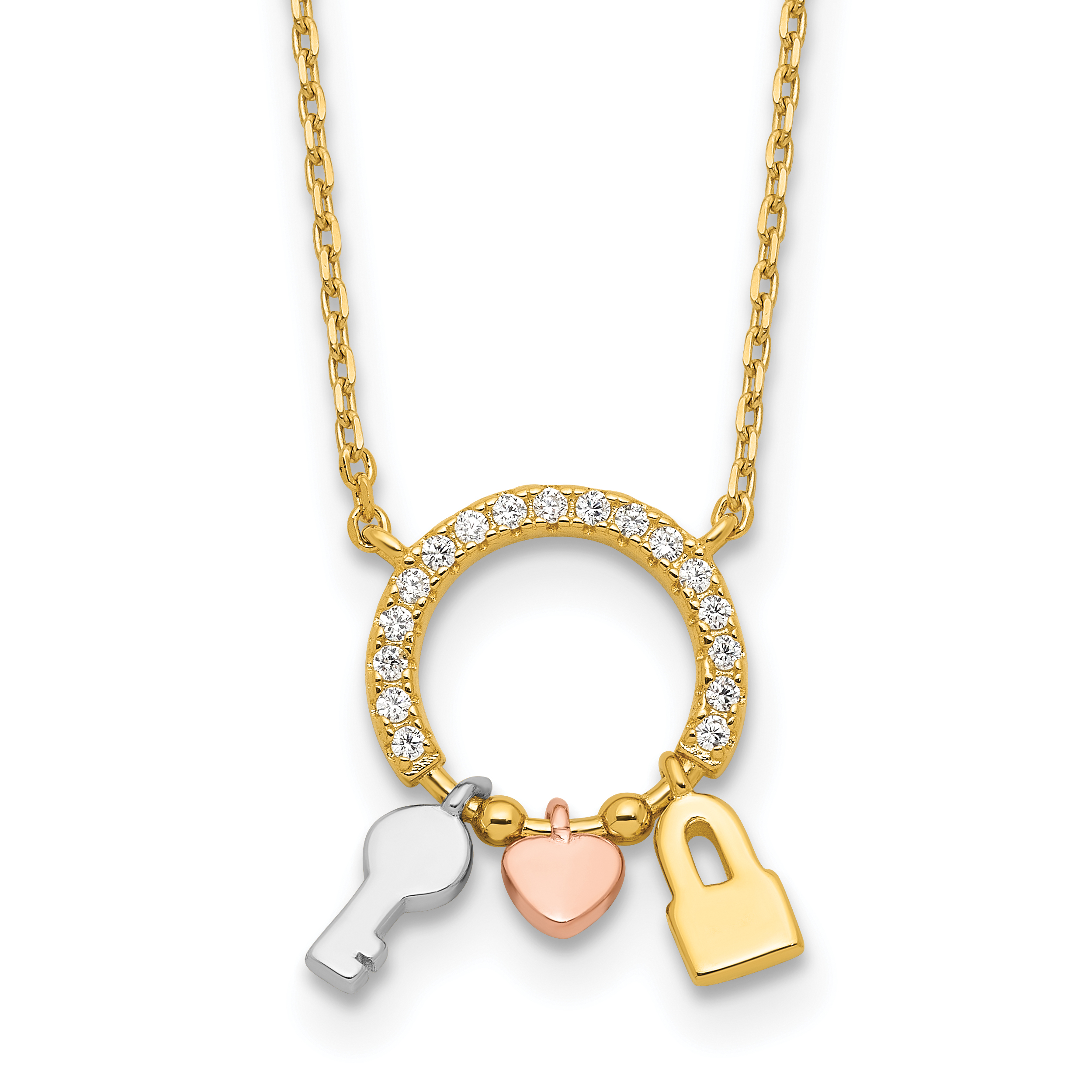 Sterling Silver Rhod-plated Gold/Rose-tone CZ Key/Lock/Heart w/2In Ext Neck (QG6600-18)
