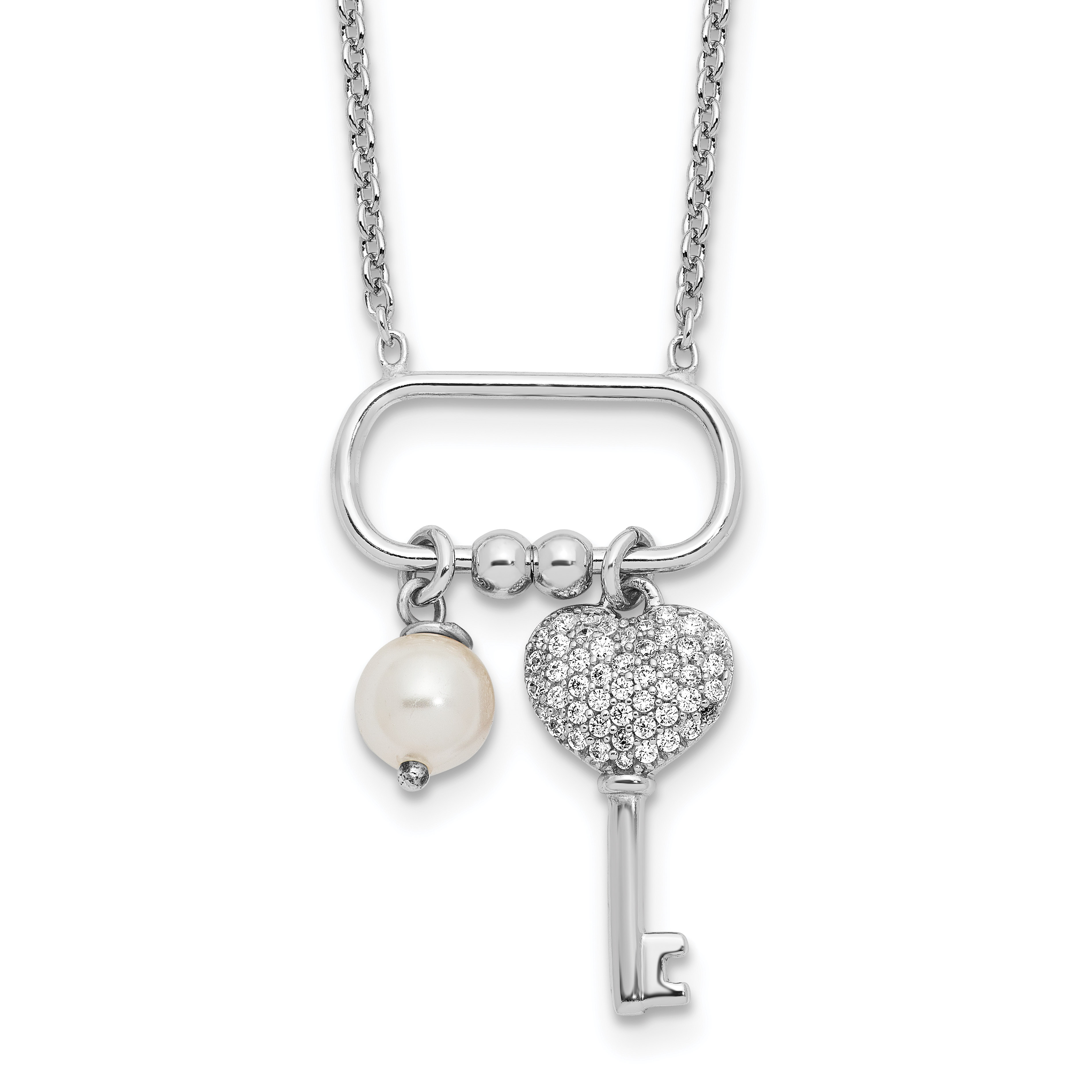 Sterling Silver Rhodium-plated CZ Key/Glass Pearl 16in w/2in ext Necklace (QG6601-16)