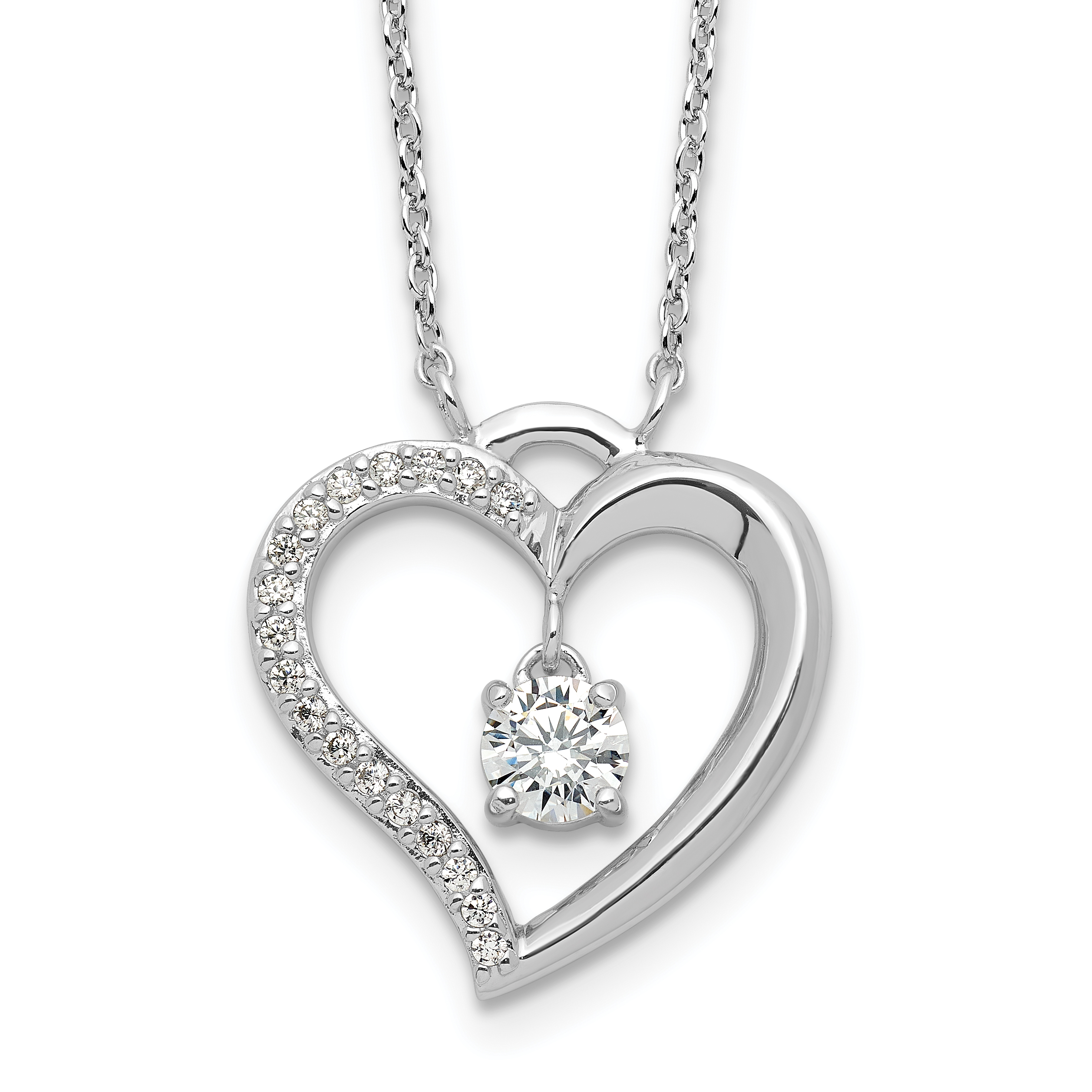 Sterling Silver Rhod-plated Polished CZ Open Heart w/1.25in Ext Necklace (QG6602-16.5)