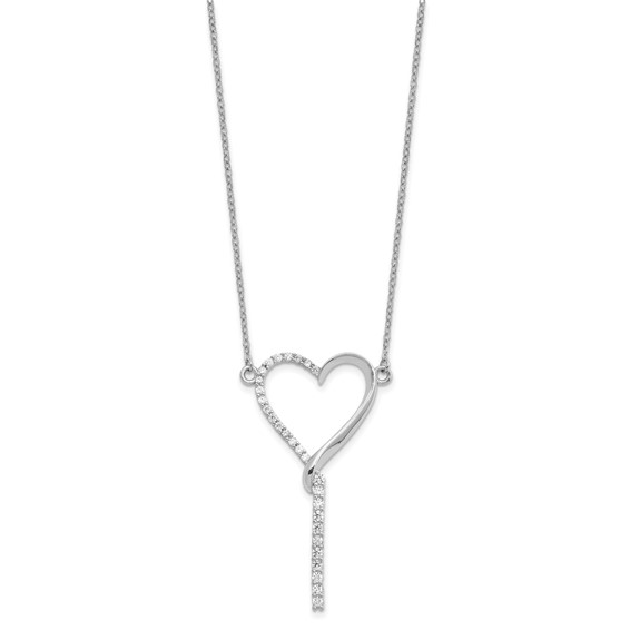 Sterling Silver Rh-plated Polished CZ Dangle Heart w/ 2.25in ext. Necklace