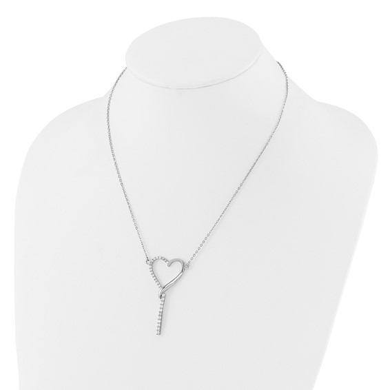 Sterling Silver Rh-plated Polished CZ Dangle Heart w/ 2.25in ext. Necklace