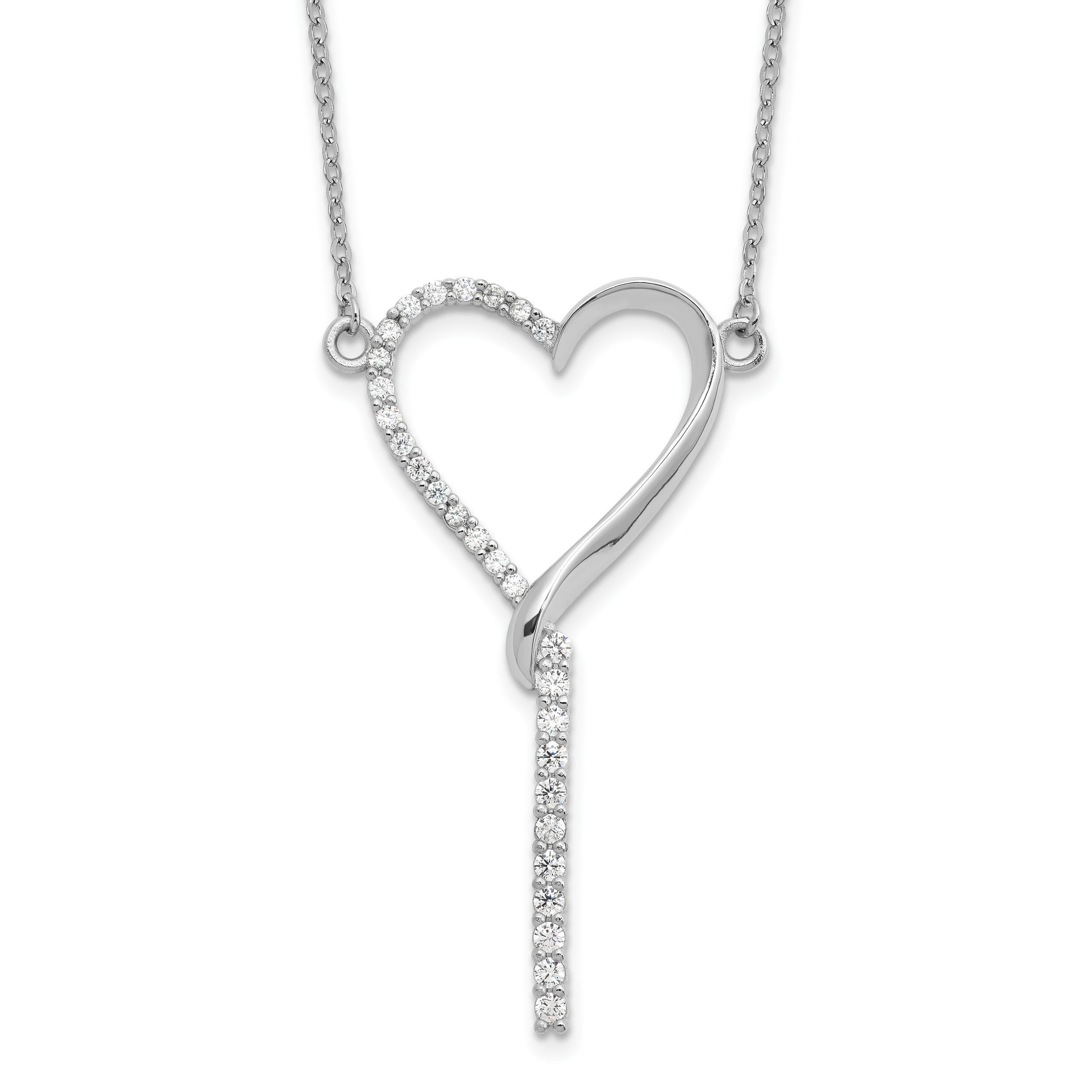 Sterling Silver Rh-plated Polished CZ Dangle Heart w/ 2.25in ext. Necklace (QG6604-16)