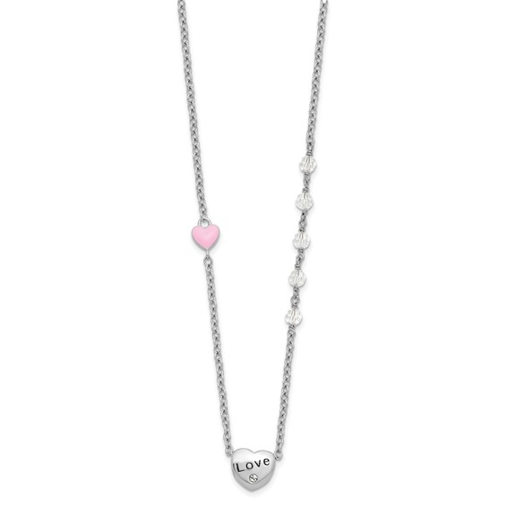 Sterling Silver Rh-plated Crystal and Enamel LOVE w/1in ext Child Necklace