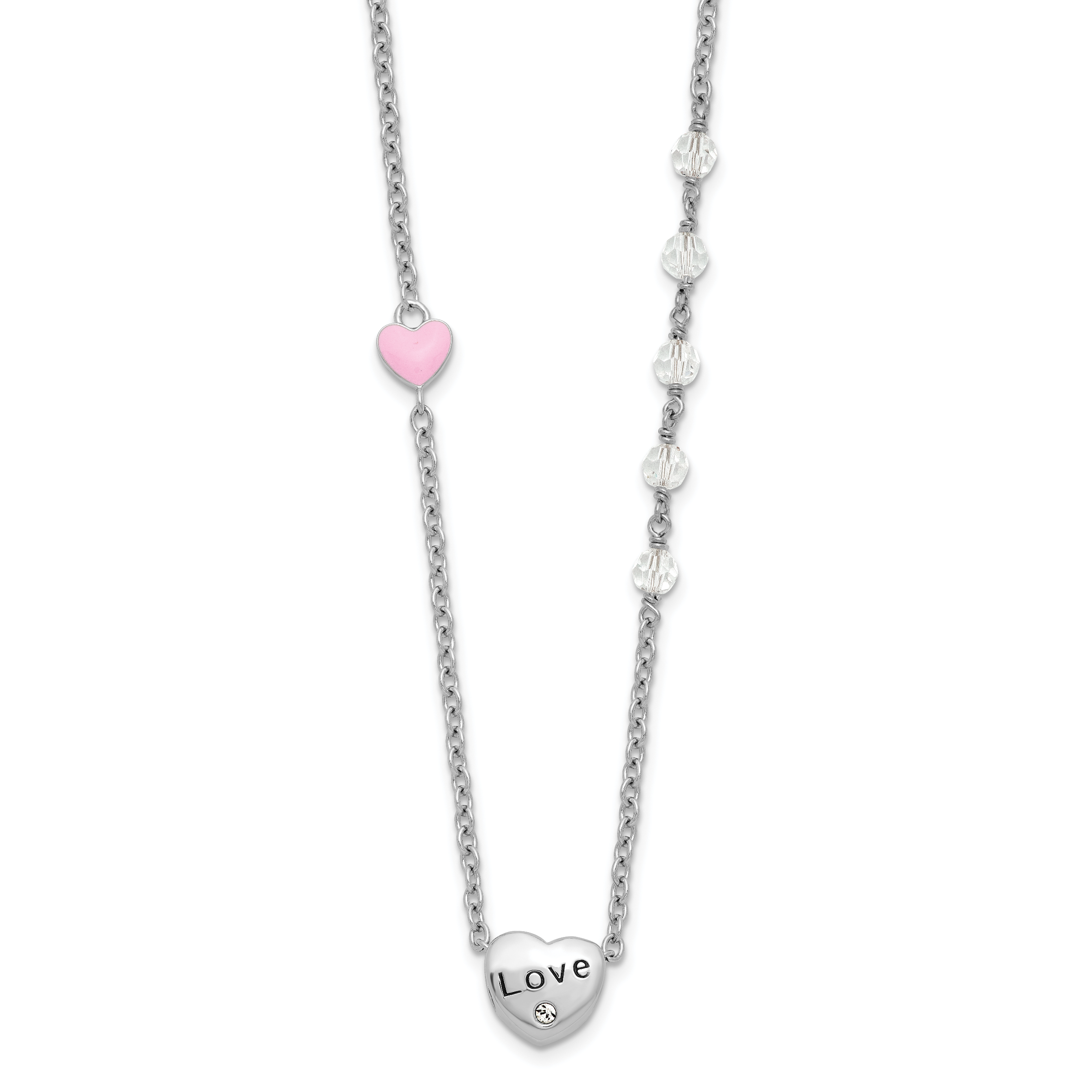 Sterling Silver Rh-plated Crystal and Enamel LOVE w/1in ext Child Necklace (QG6605-15)