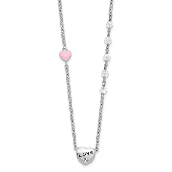 Sterling Silver Rh-plated Crystal and Enamel LOVE w/1in ext Child Necklace