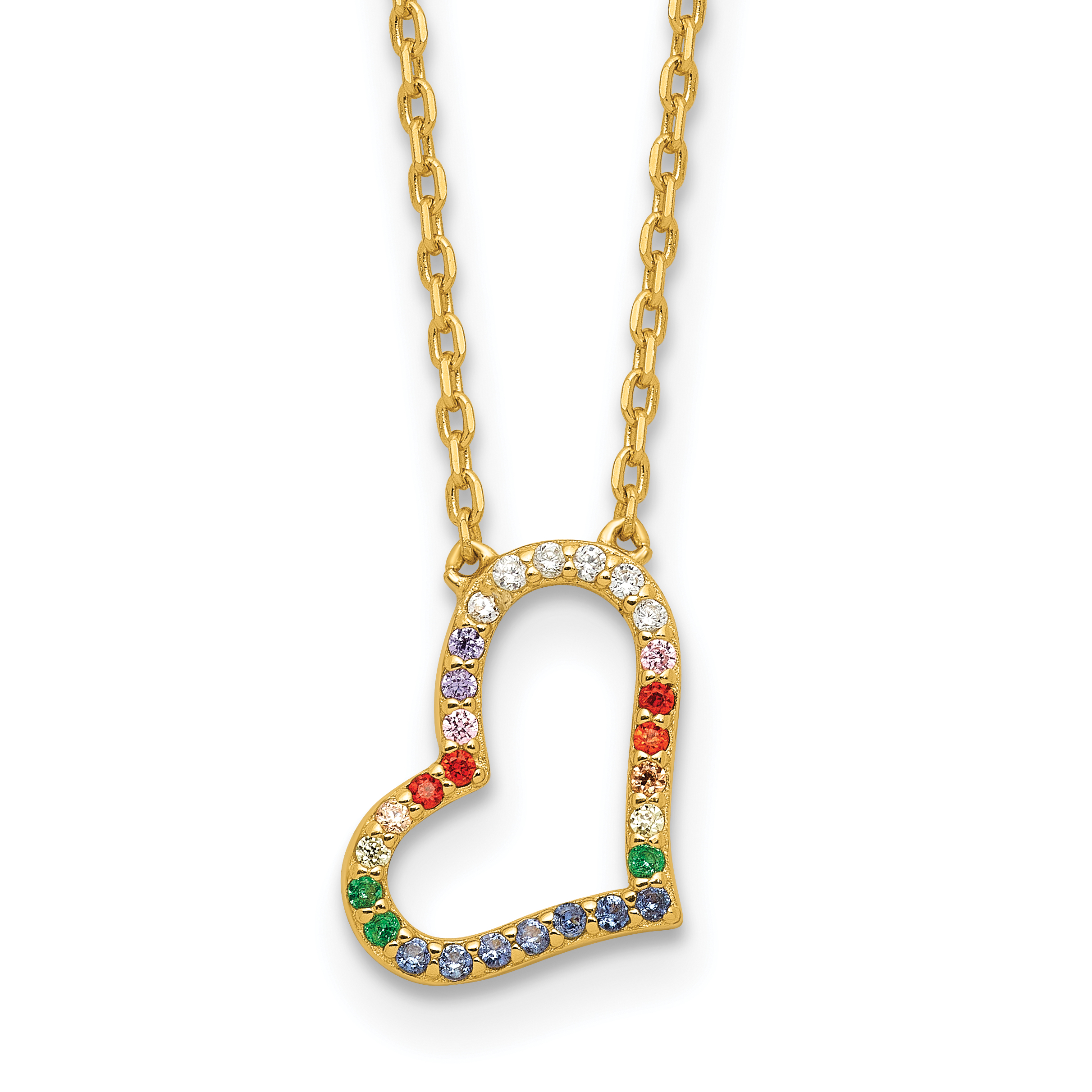 Sterling Silver Gold-tone CZ Glass Heart w/2in ext Necklace (QG6609-18)