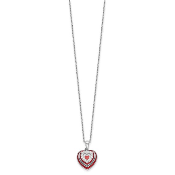 Sterling Silver Rh-plated CZ and Red Enamel Heart w 1/in. ext Necklace