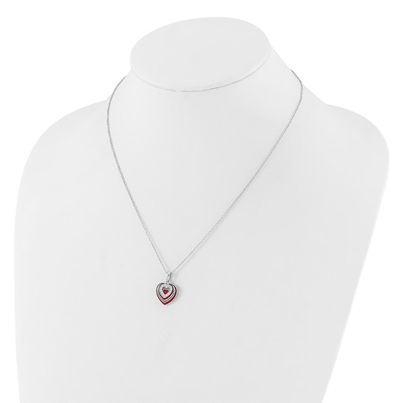 Sterling Silver Rh-plated CZ and Red Enamel Heart w 1/in. ext Necklace