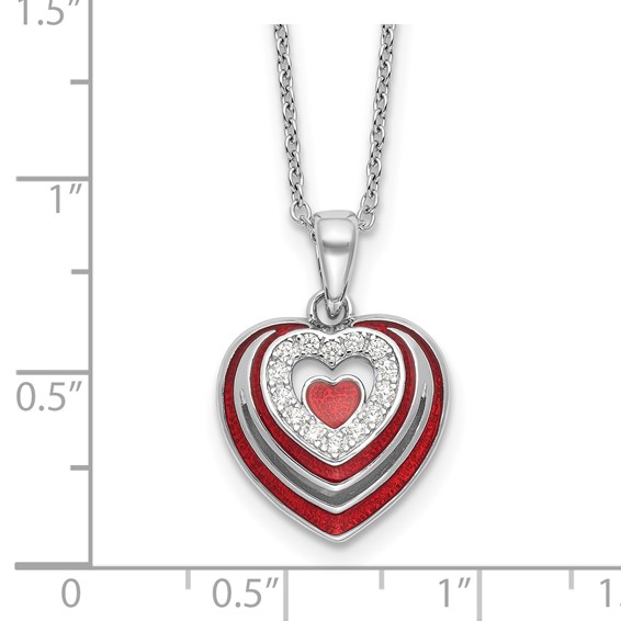Sterling Silver Rh-plated CZ and Red Enamel Heart w 1/in. ext Necklace