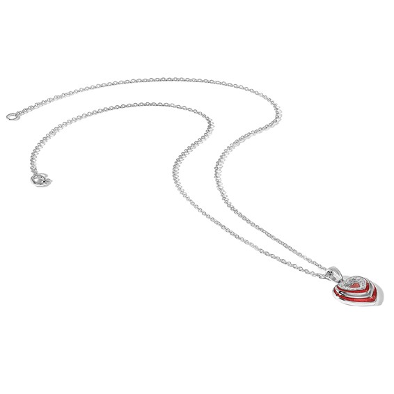 Sterling Silver Rh-plated CZ and Red Enamel Heart w 1/in. ext Necklace