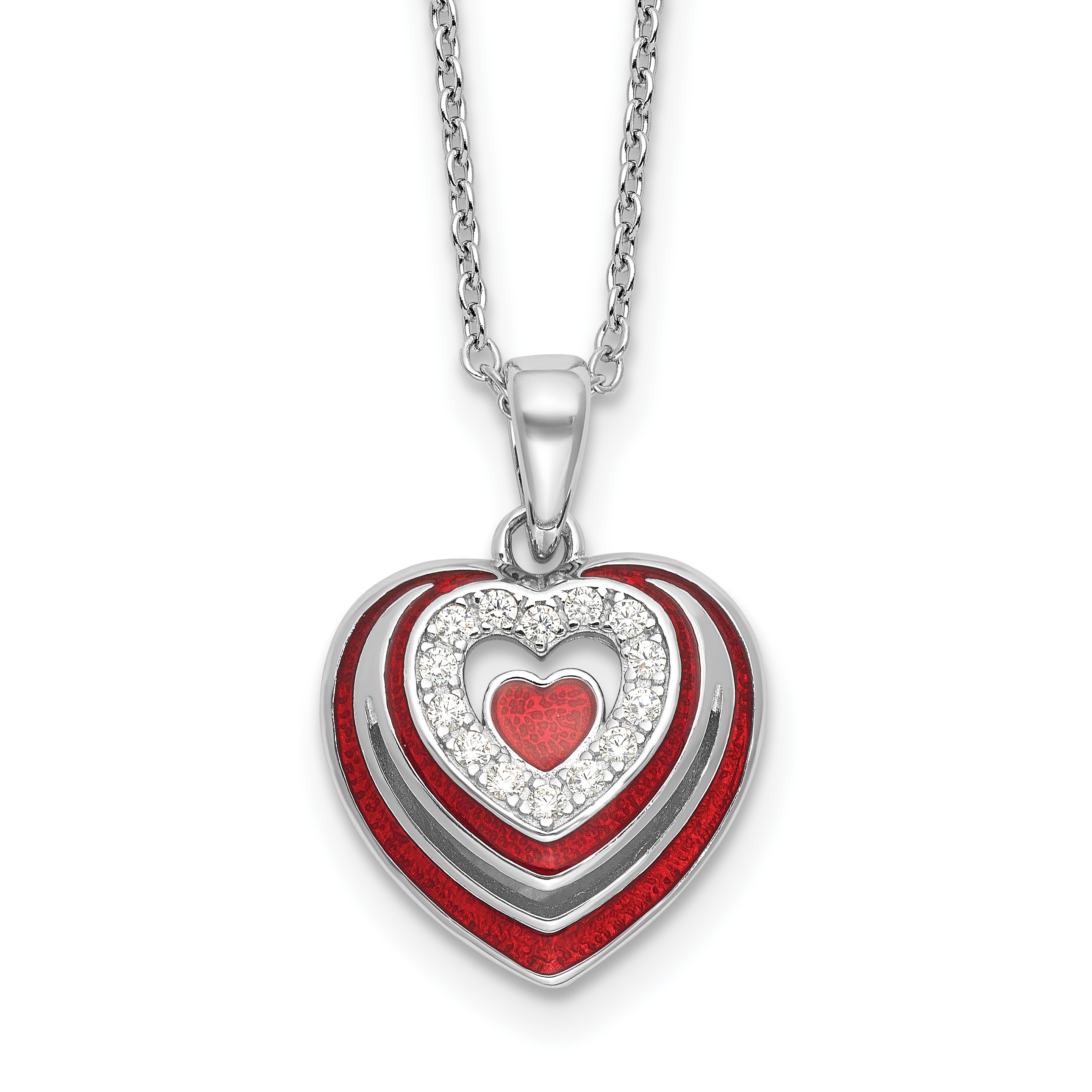 Sterling Silver Rh-plated CZ and Red Enamel Heart w 1/in. ext Necklace (QG6610-18)