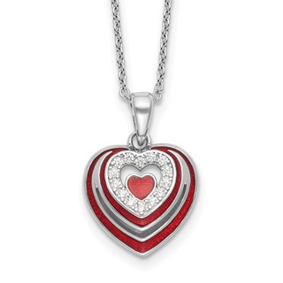 Sterling Silver Rh-plated CZ and Red Enamel Heart w 1/in. ext Necklace