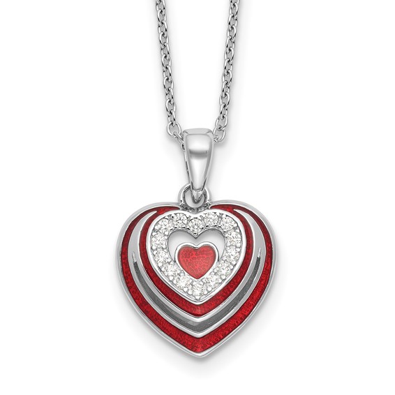 Sterling Silver Rh-plated CZ and Red Enamel Heart w 1/in. ext Necklace
