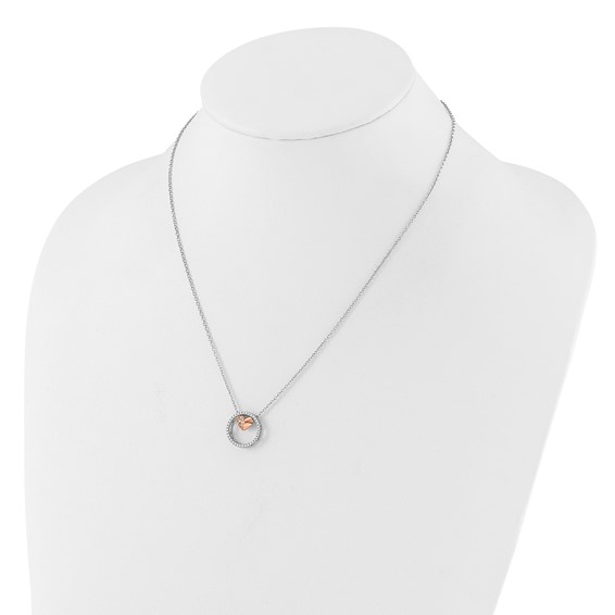 Sterling Silver Rh-plated Rose-tone CZ Heart  w/1in ext Necklace