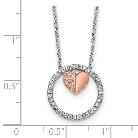 Sterling Silver Rh-plated Rose-tone CZ Heart  w/1in ext Necklace