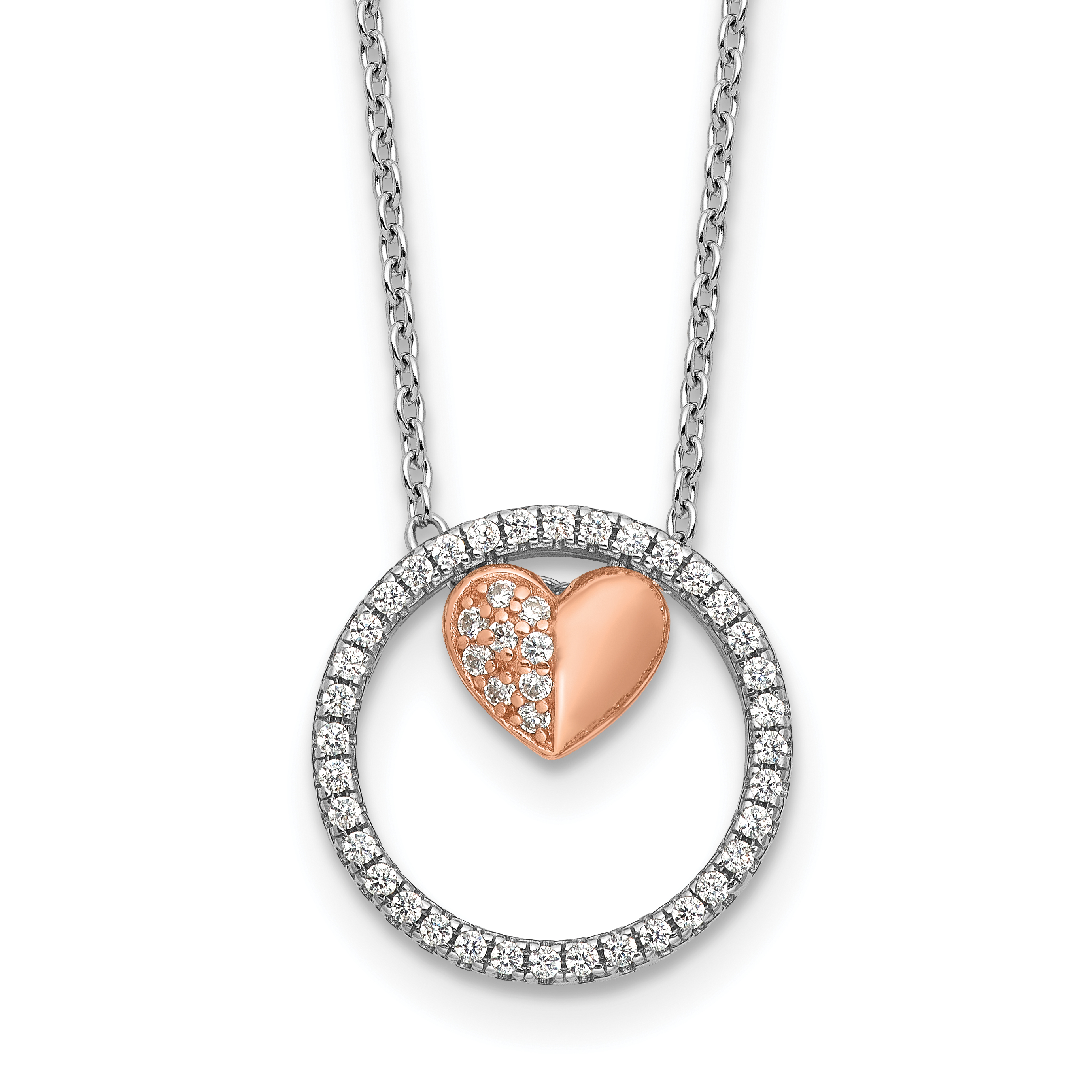 Sterling Silver Rh-plated Rose-tone CZ Heart  w/1in ext Necklace (QG6611-18)