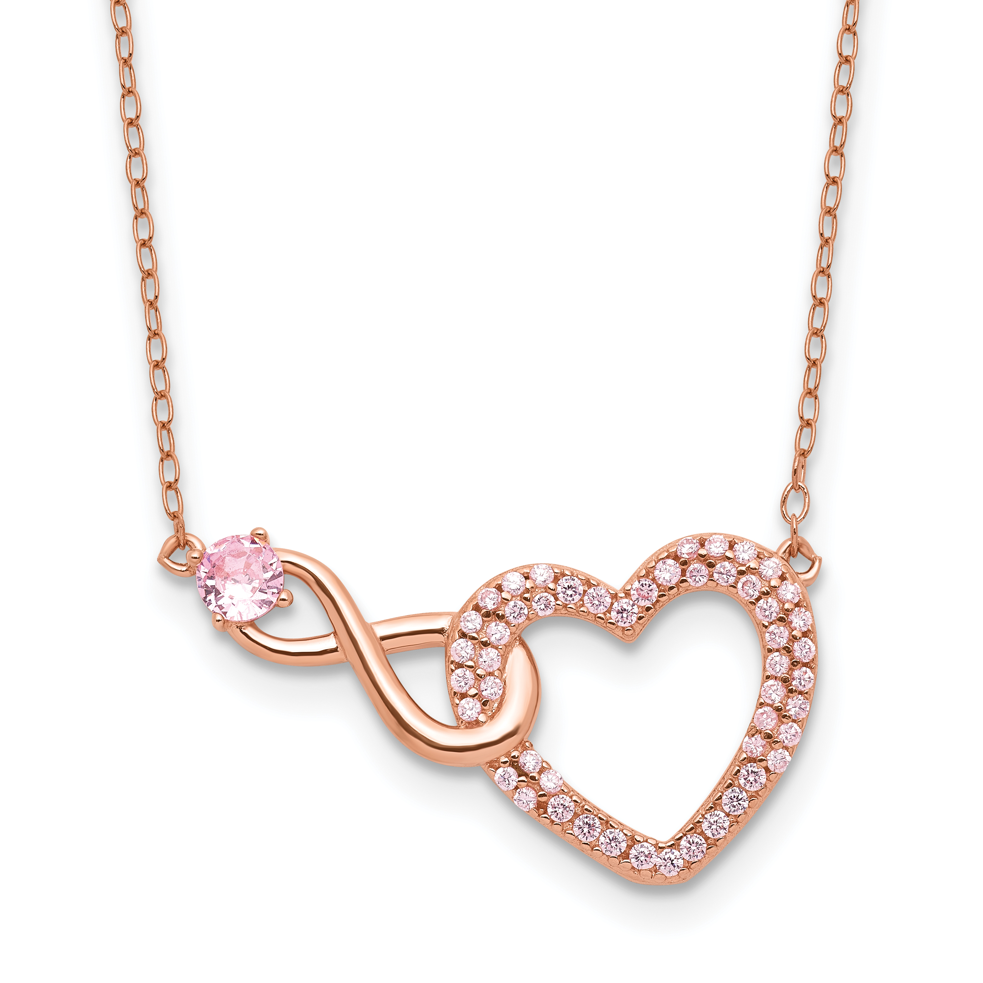 Sterling Silver Rose-tone Pink CZ Heart Infinity w/2IN Ext Necklace (QG6612-18)