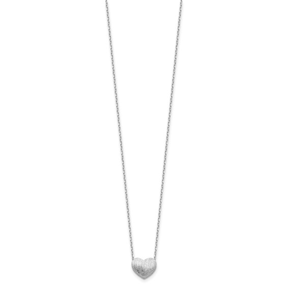 Sterling Silver Rho-plated  Brushed Heart 16.5in w/1in ext Necklace