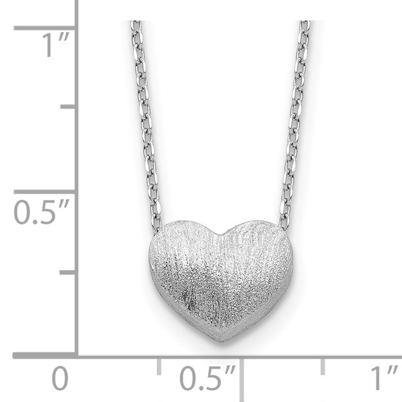 Sterling Silver Rho-plated  Brushed Heart 16.5in w/1in ext Necklace
