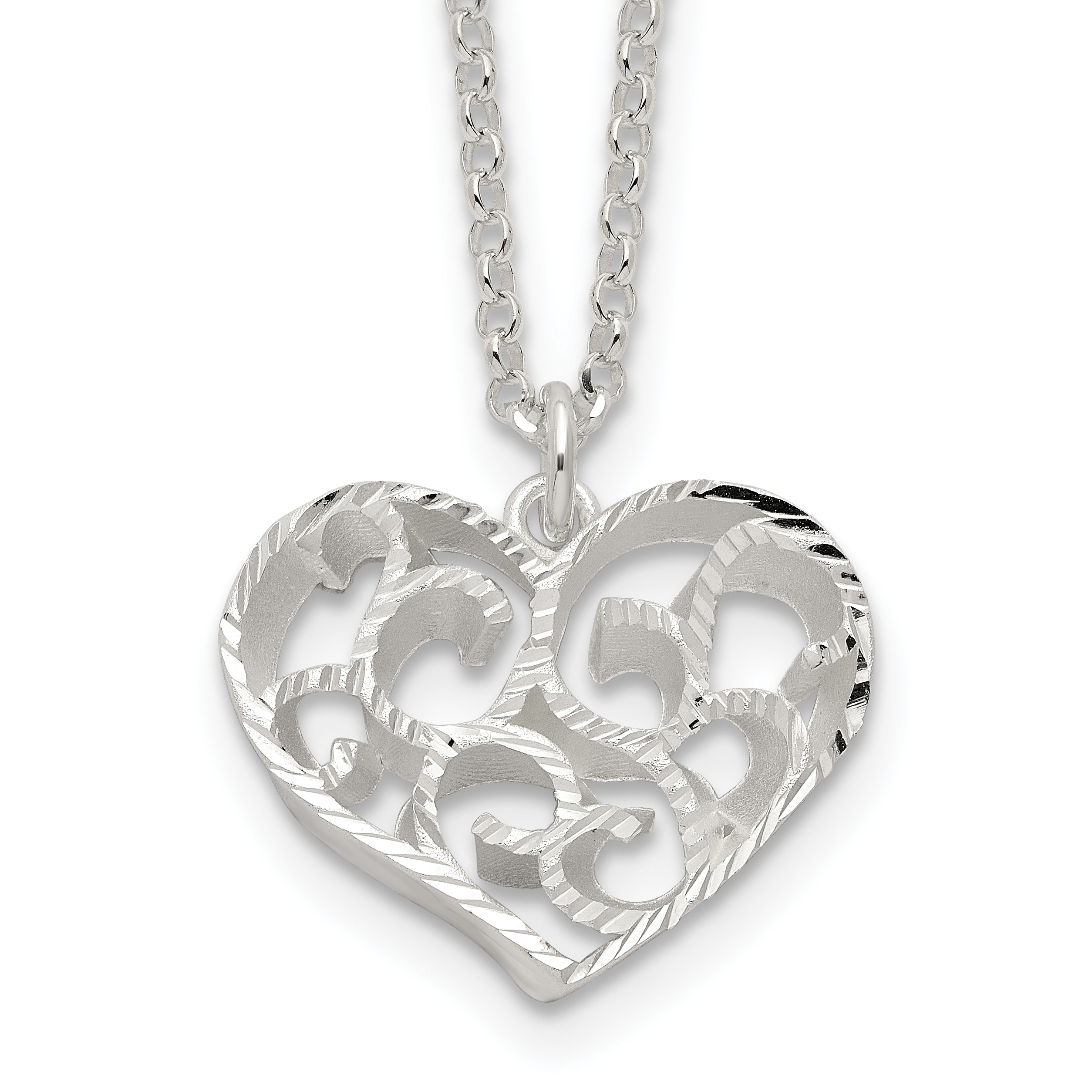 Sterling Silver RH-pltd Brushed D/C Filigree Heart w/2 in ext Necklace (QG6617-15.75)