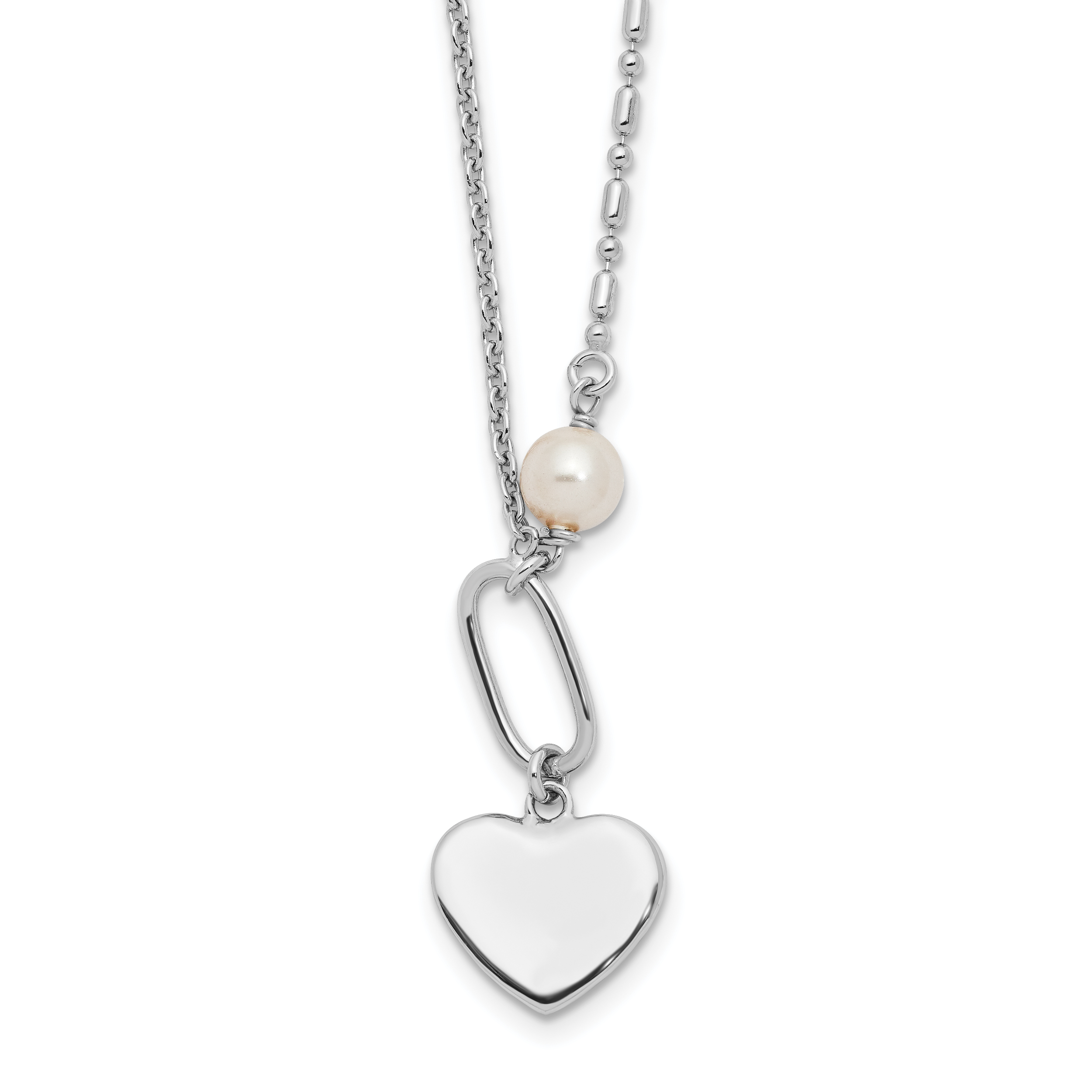 Sterling Silver Rhodium-plated Glass Pearl/Heart 16in w/2 in ext Necklace (QG6618-16)