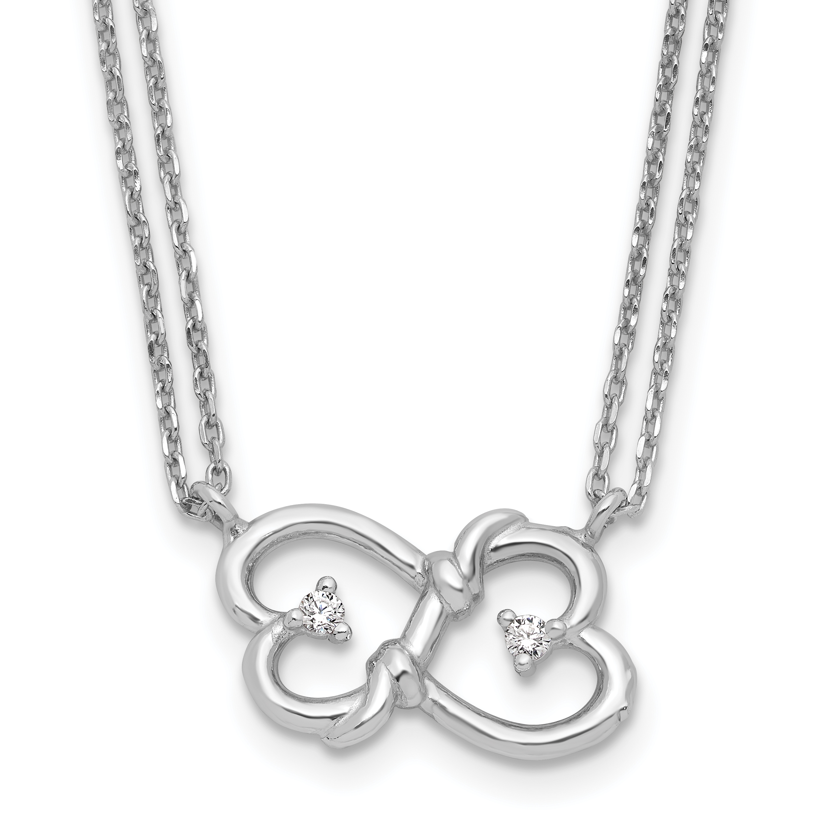 Sterling Silver Rhodium-plated CZ Heart 2-Strand w/1.5in ext Necklace (QG6621-17)