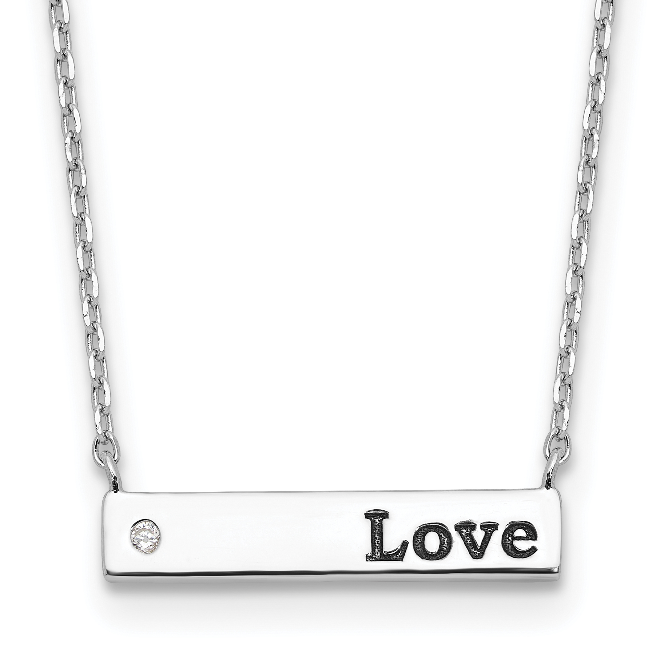 Sterling Silver Rhodium-plated CZ LOVE Enamel Bar w/2in ext Necklace (QG6623-16)