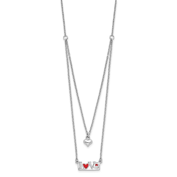 Sterling Silver Rhod-pltd Enamel CZ Heart Love 16in w/2 in ext Necklace