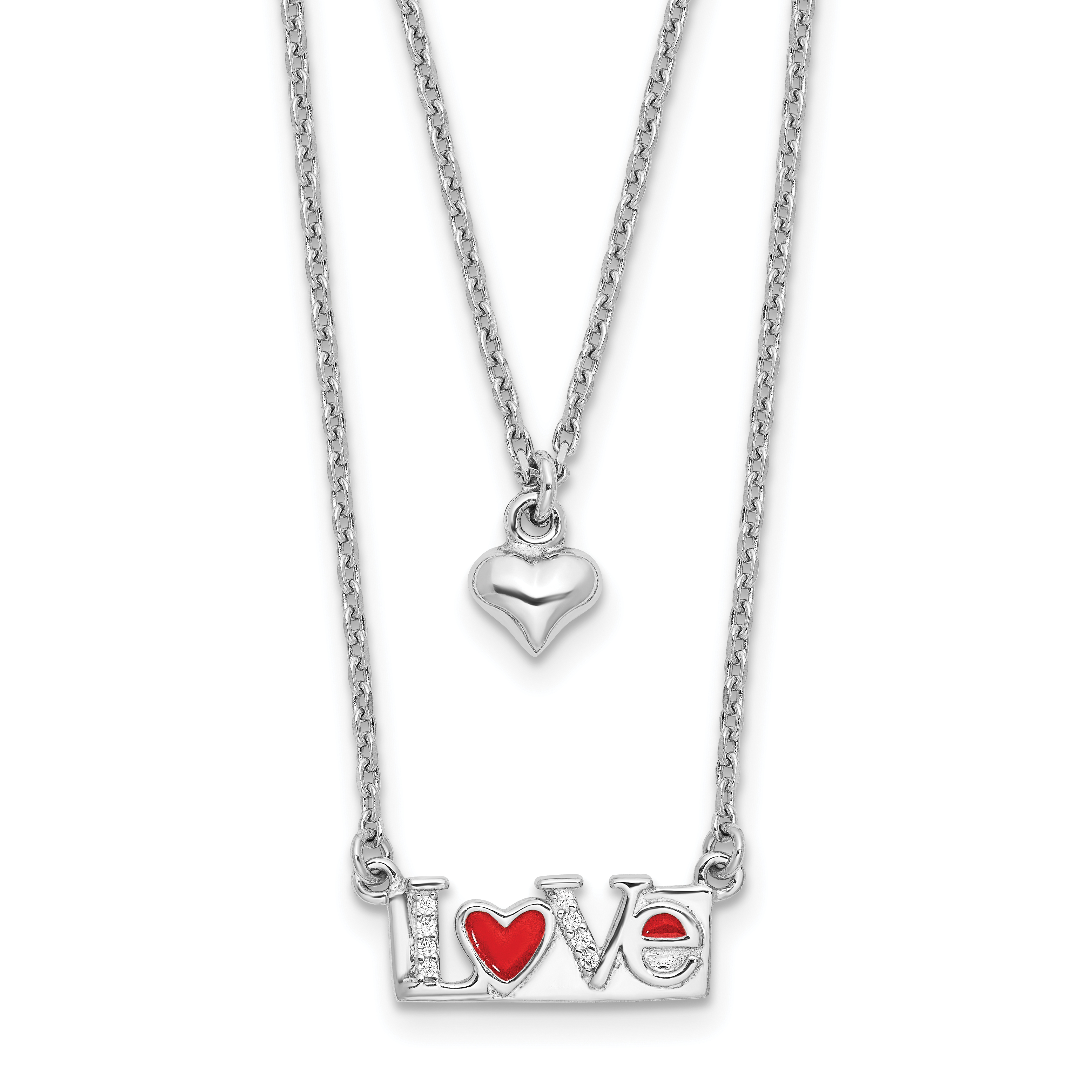 Sterling Silver Rhod-pltd Enamel CZ Heart Love 16in w/2 in ext Necklace (QG6627-16)