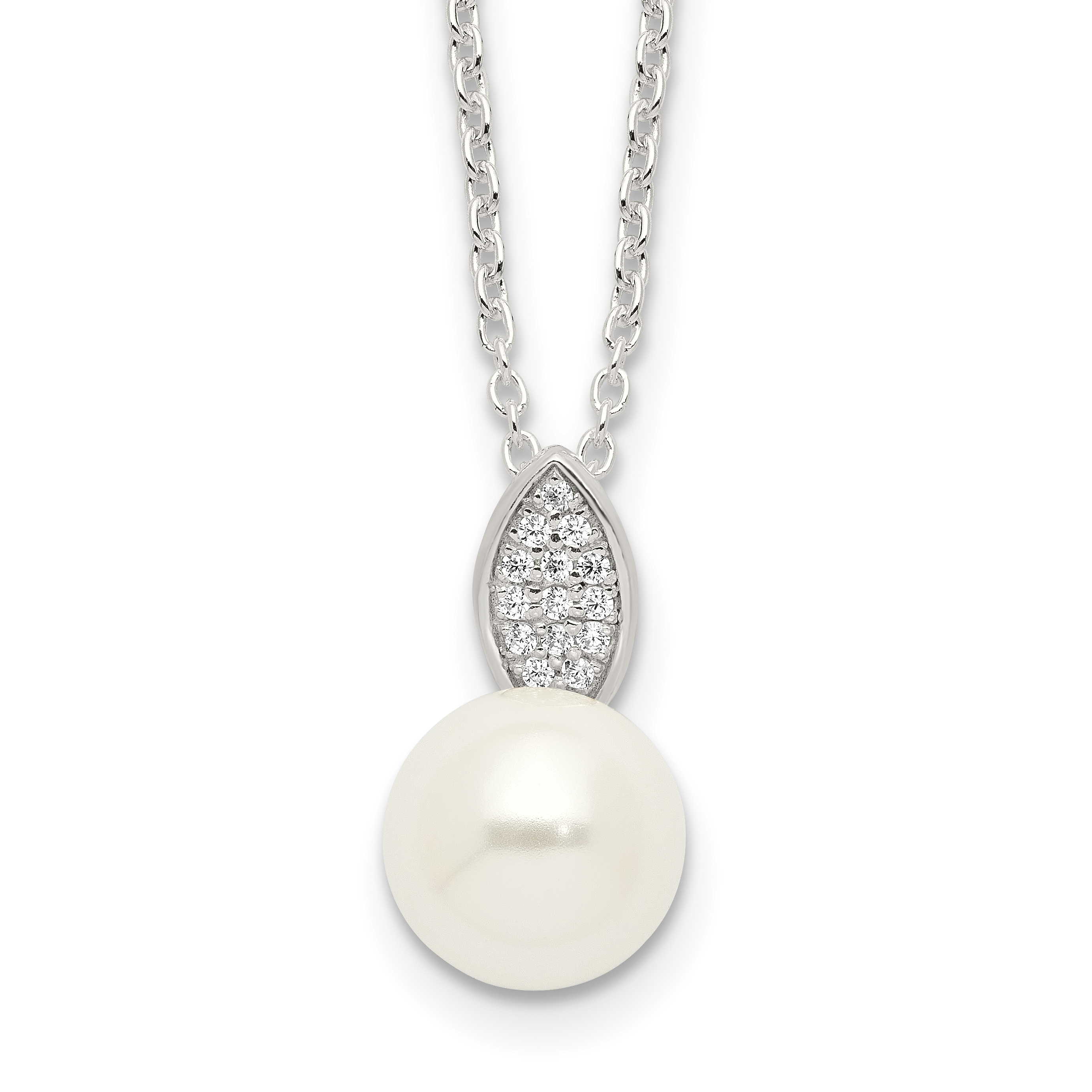 Sterling Silver Polished CZ and Simulated Pearl Necklace (QG6642-18)