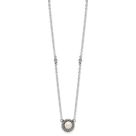 Sterling Silver Polished and Antiqued Syn. Pearl 13.5in Choker Necklace