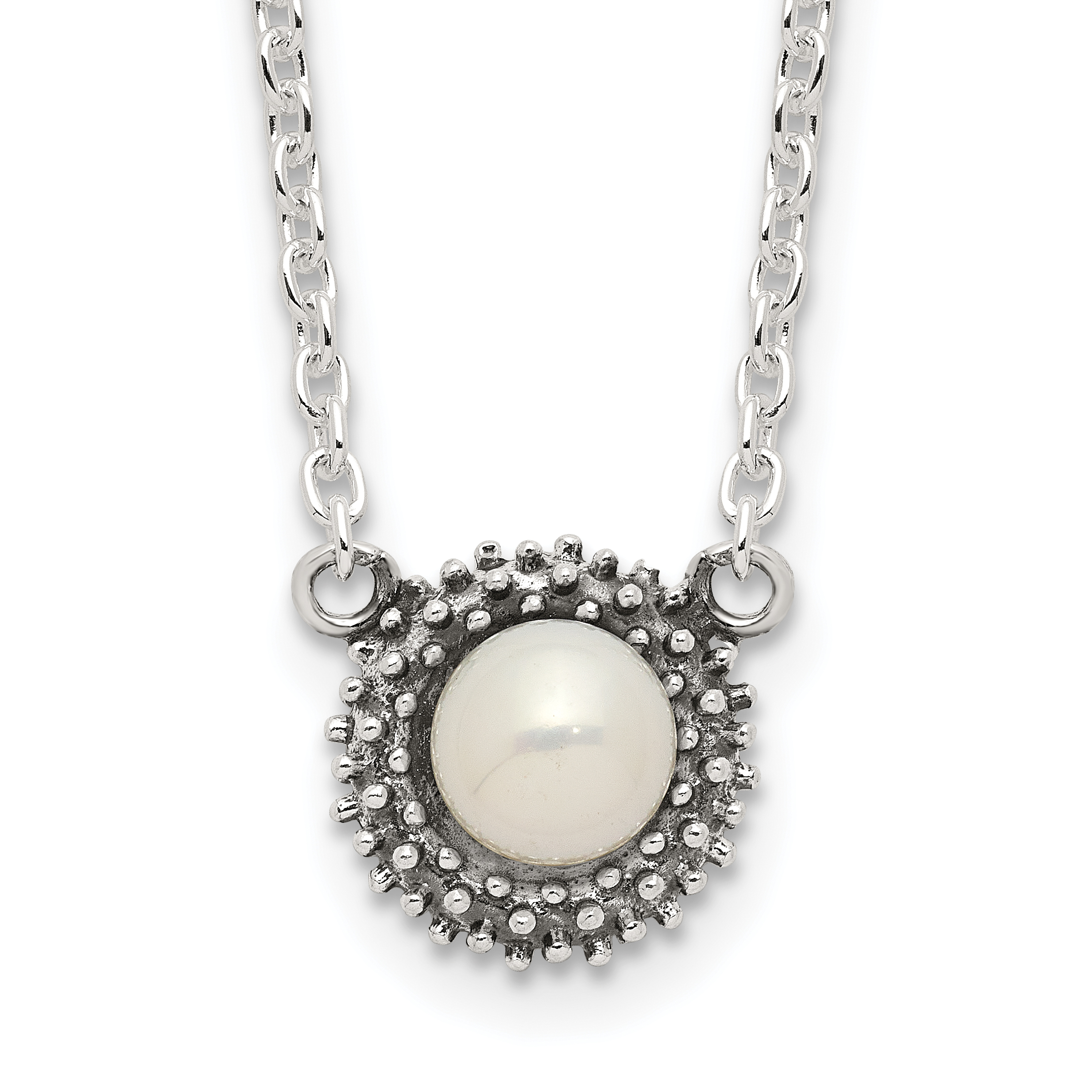 Sterling Silver Polished and Antiqued Syn. Pearl 13.5in Choker Necklace (QG6644-13.5)