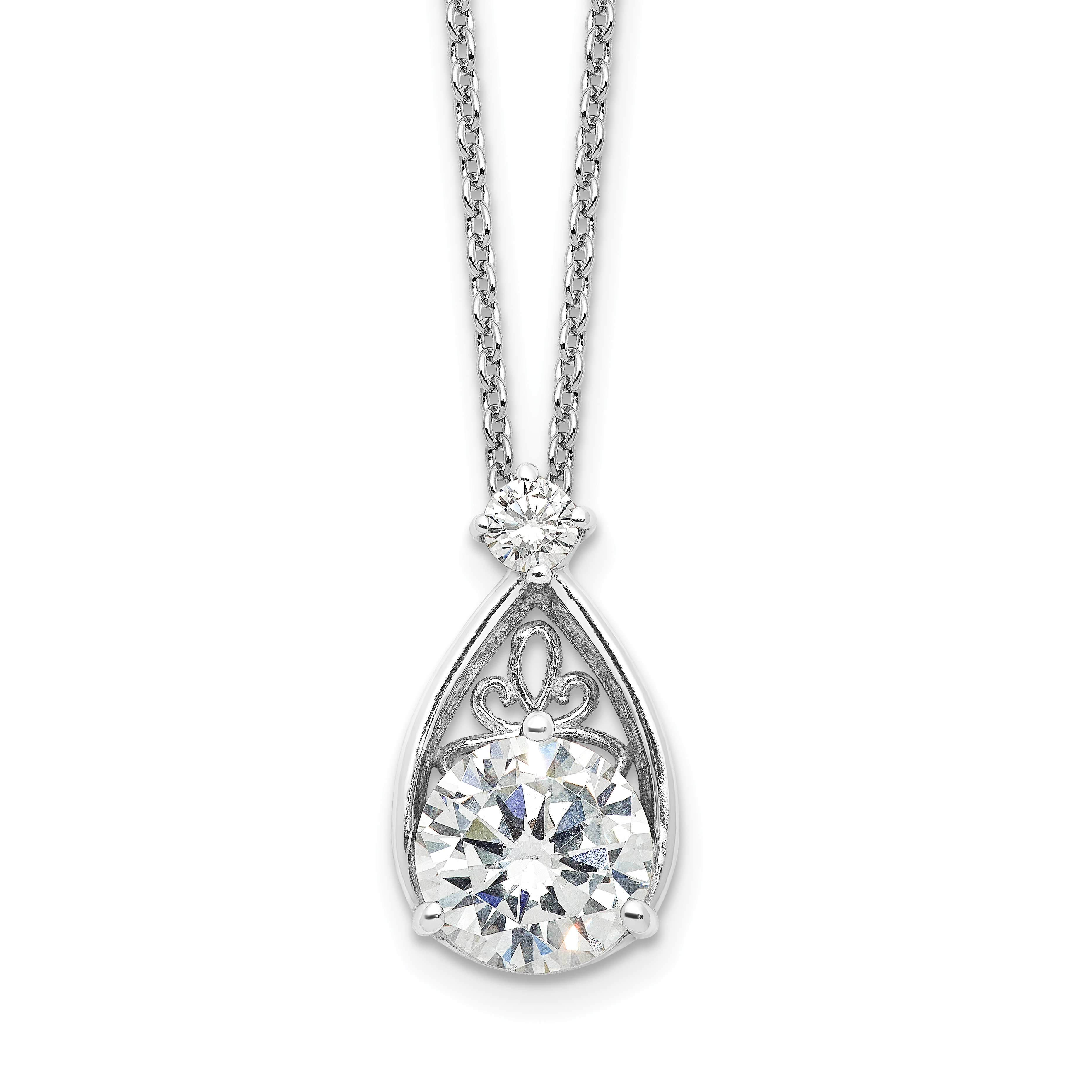 Sterling Silver Rhodium-plated Teardrop CZ 16in w/2 in Ext Necklace (QG6648-16)