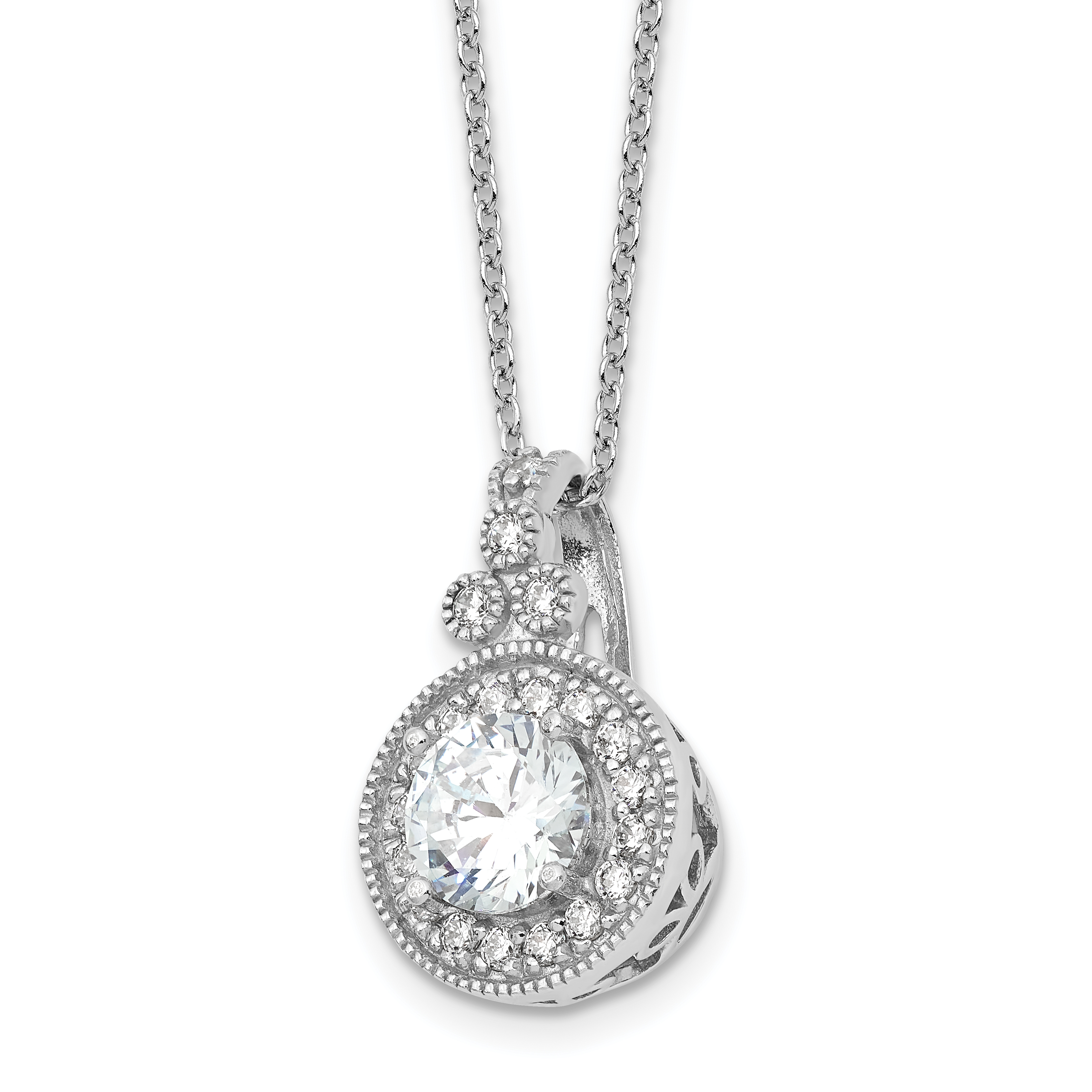 Sterling Silver Rhodium-plated Fancy Beaded CZ with 2in ext Necklace (QG6649-18)
