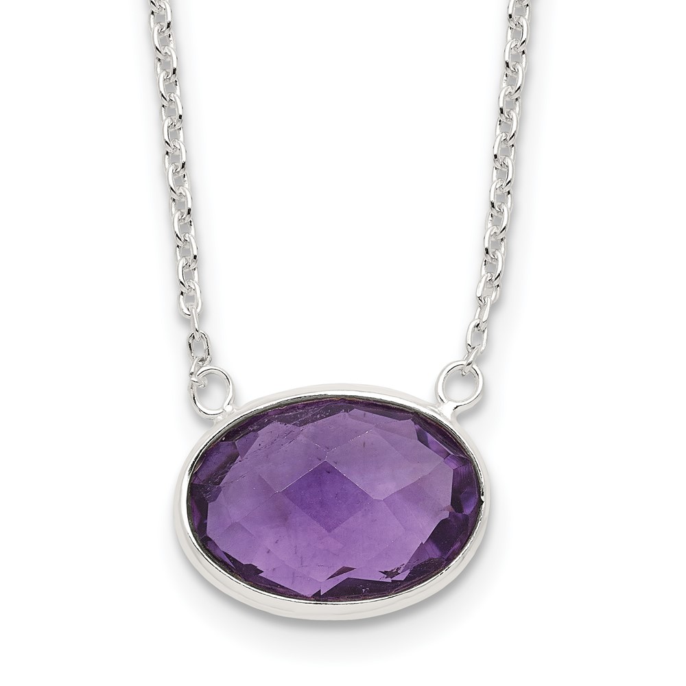 Sterling Silver Polished Oval Purple CZ 16.25in w/1in ext Necklace (QG6655-16.25)