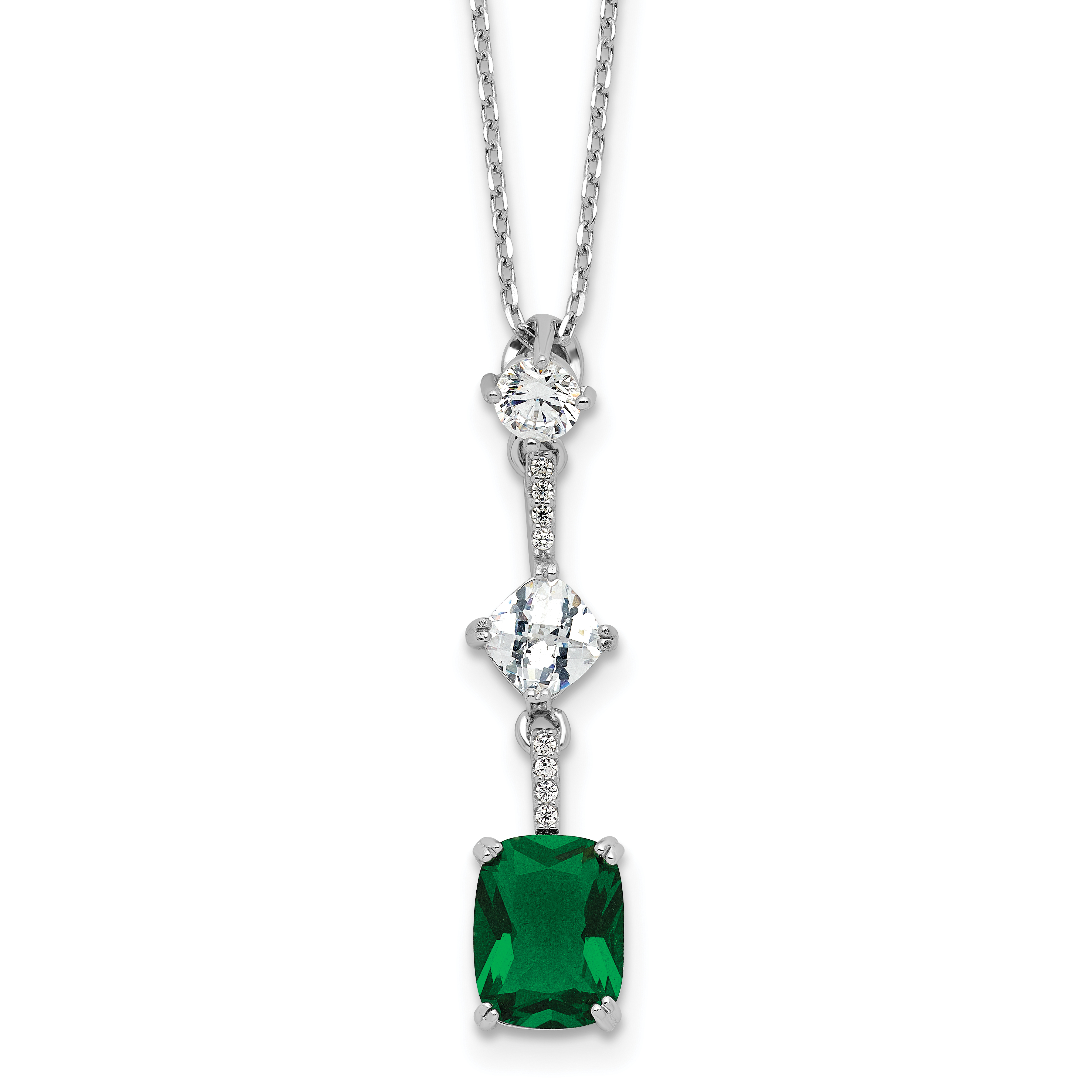 Sterling Silver Rh-plated Green and White CZ 16in w/2in ext Necklace (QG6656-16)