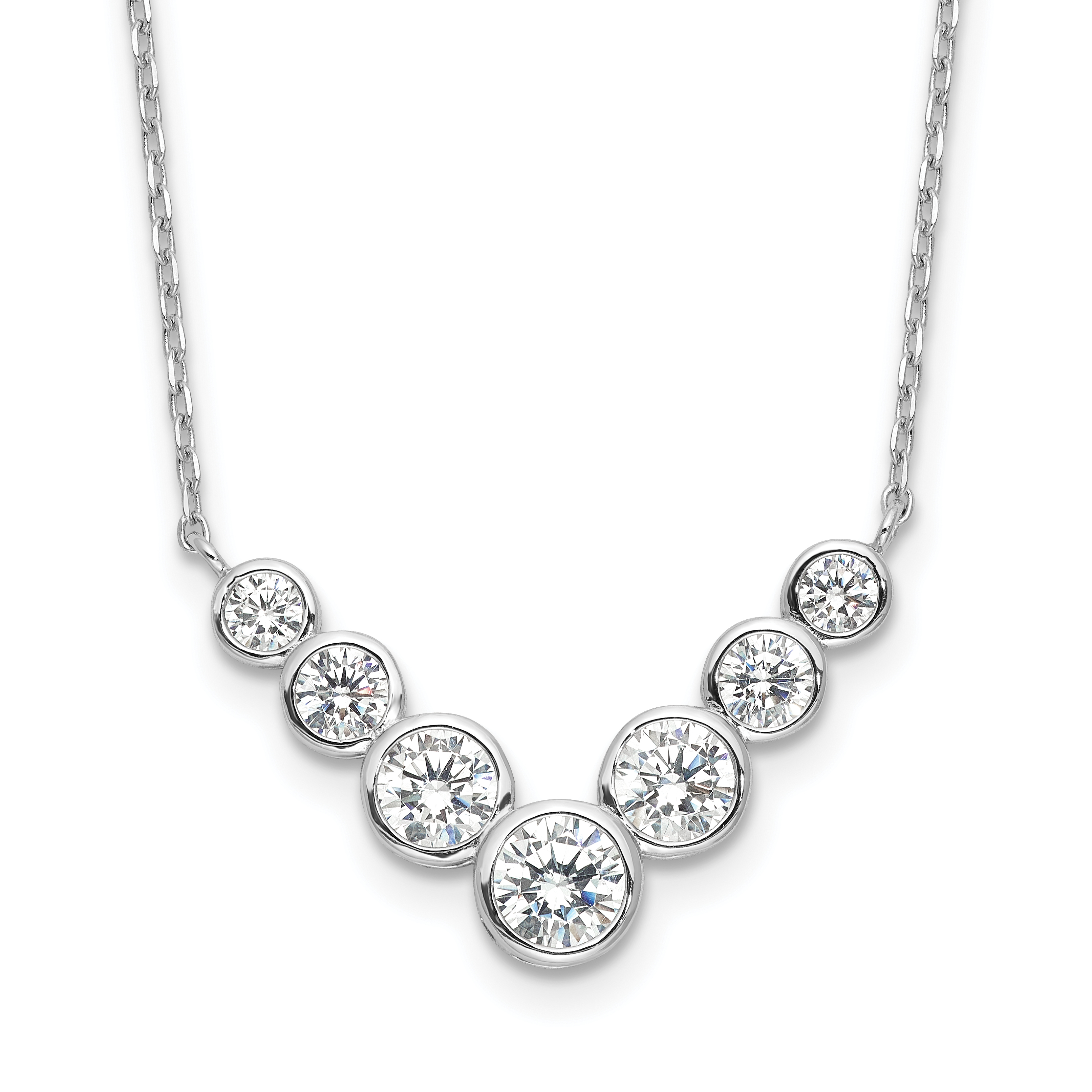Sterling Silver Rhodium-plated 7 Bezel Set CZ 18in w/2in ext. Necklace (QG6662-18)