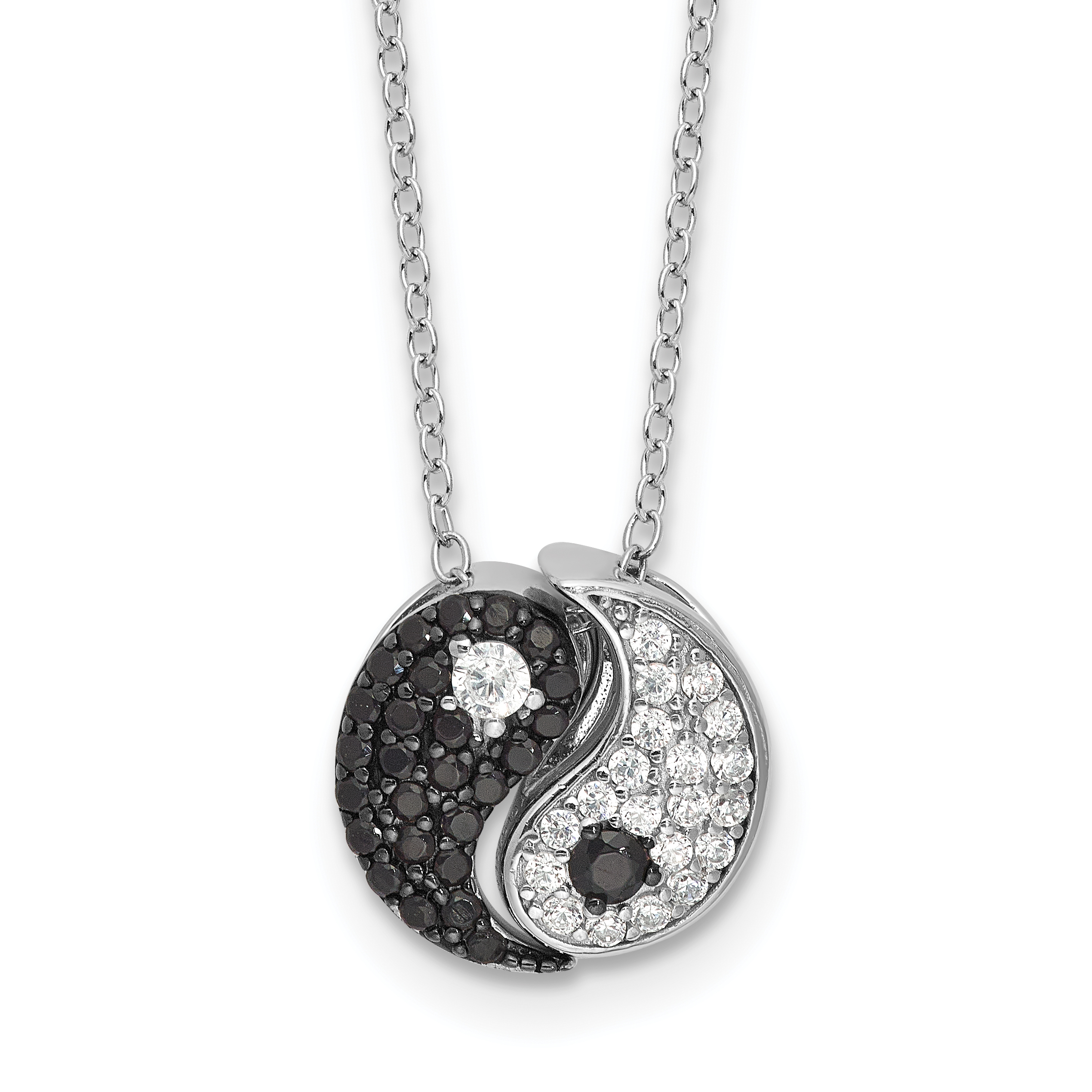 Sterling Silver RH-plated Black/White CZ Yin Yang 16in w/2in ext. Necklace (QG6669-16)