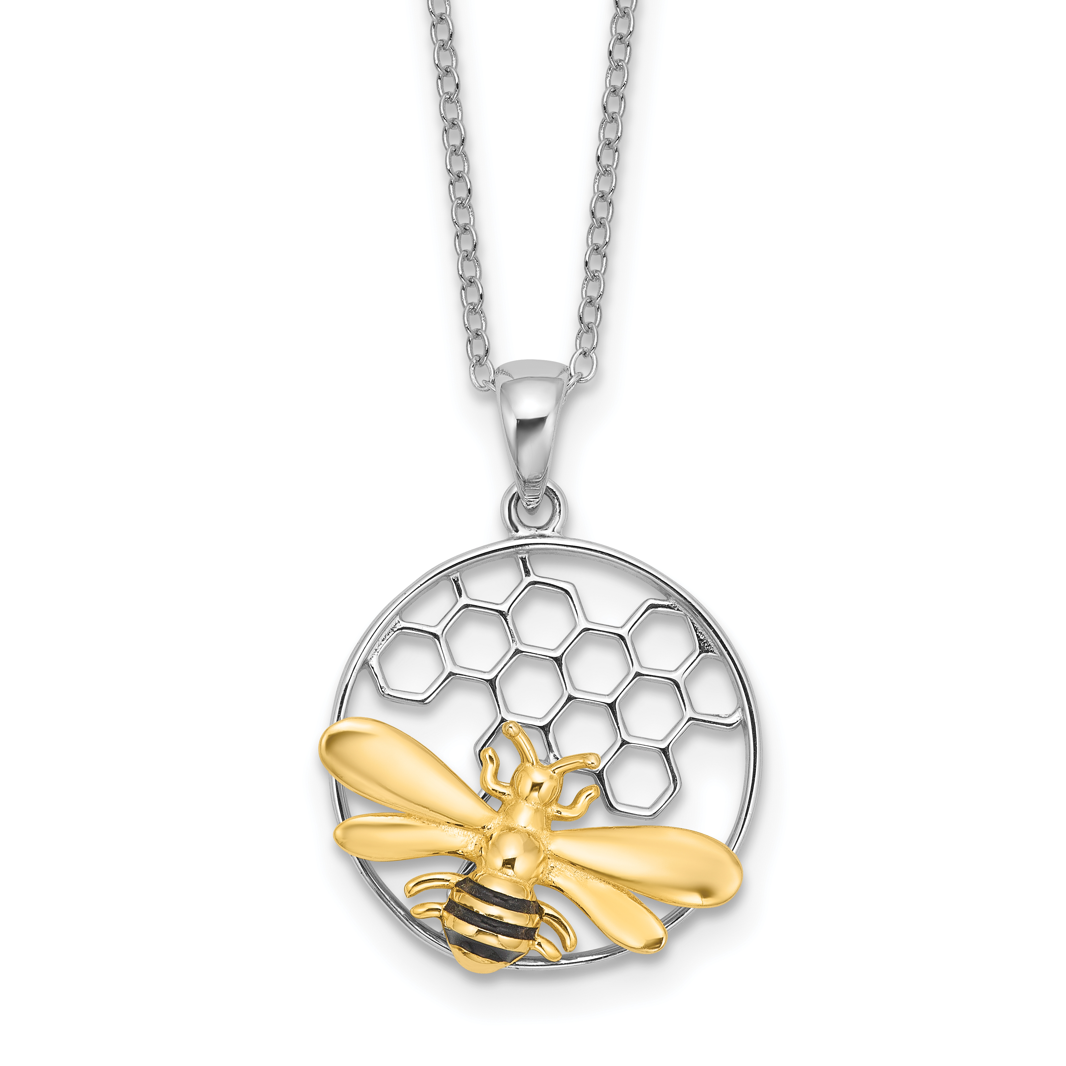 Sterling Silver Rhodium/Gold-tone Enameled Bee 18in Necklace (QG6673-18)