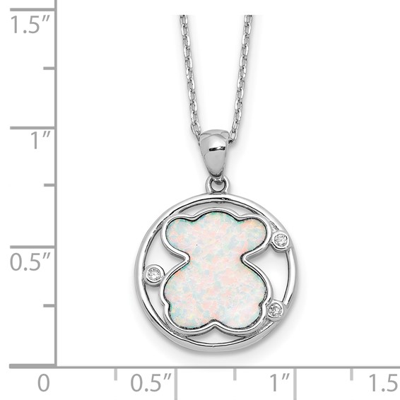 Sterling Silver RH-plated CZ Cr Opal Inlay Bear 16in w/2in ext Necklace