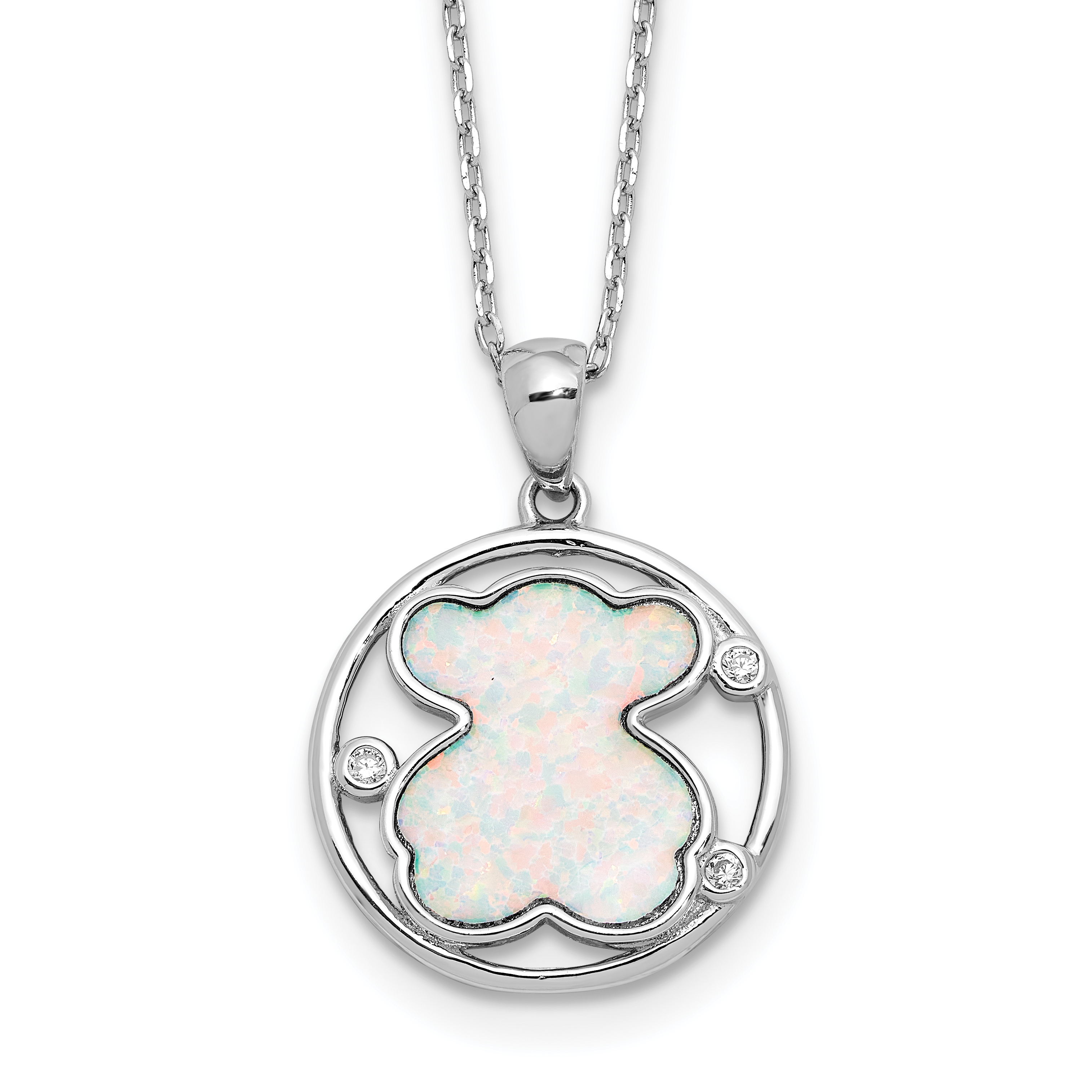 Sterling Silver RH-plated CZ Cr Opal Inlay Bear 16in w/2in ext Necklace (QG6676-16)
